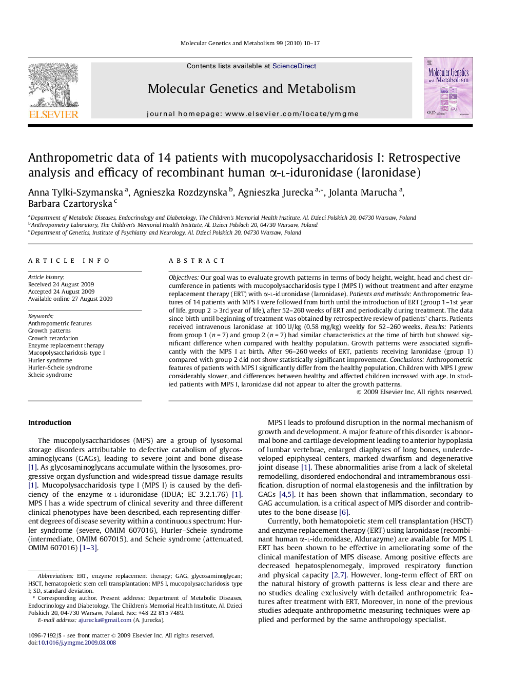 Anthropometric data of 14 patients with mucopolysaccharidosis I: Retrospective analysis and efficacy of recombinant human α-l-iduronidase (laronidase)