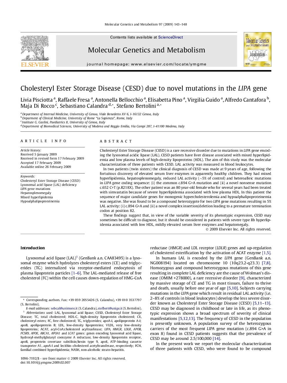 Cholesteryl Ester Storage Disease (CESD) due to novel mutations in the LIPA gene