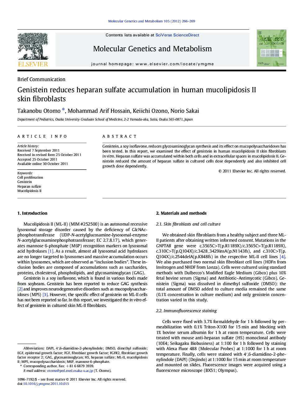 Genistein reduces heparan sulfate accumulation in human mucolipidosis II skin fibroblasts