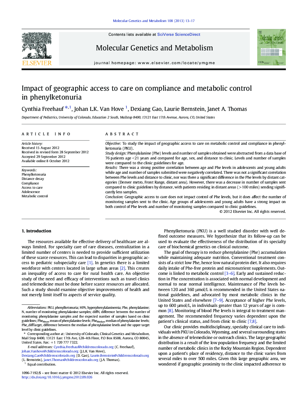 Impact of geographic access to care on compliance and metabolic control in phenylketonuria