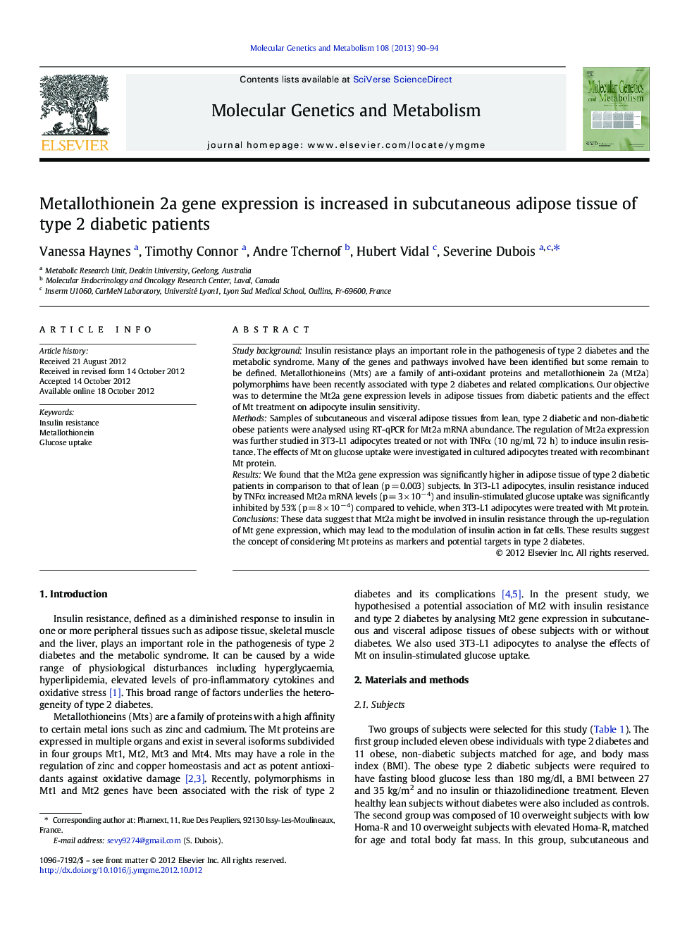 Metallothionein 2a gene expression is increased in subcutaneous adipose tissue of type 2 diabetic patients