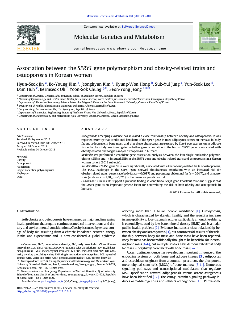 Association between the SPRY1 gene polymorphism and obesity-related traits and osteoporosis in Korean women