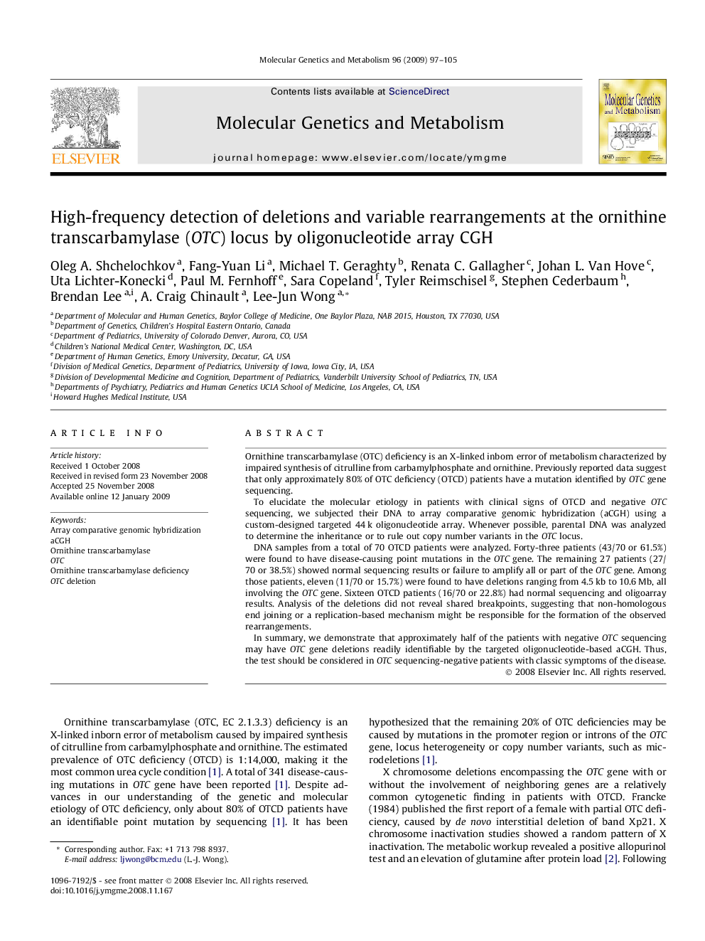 High-frequency detection of deletions and variable rearrangements at the ornithine transcarbamylase (OTC) locus by oligonucleotide array CGH