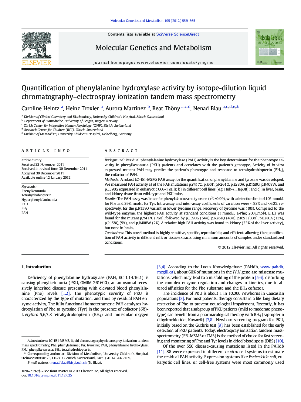 Quantification of phenylalanine hydroxylase activity by isotope-dilution liquid chromatography–electrospray ionization tandem mass spectrometry