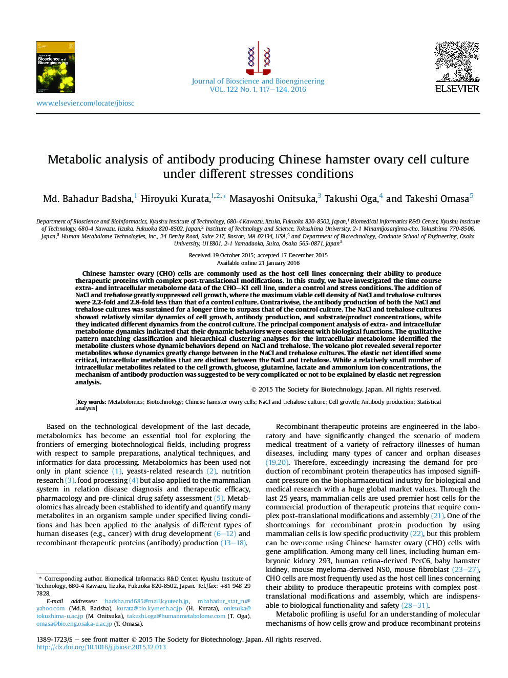 Metabolic analysis of antibody producing Chinese hamster ovary cell culture under different stresses conditions