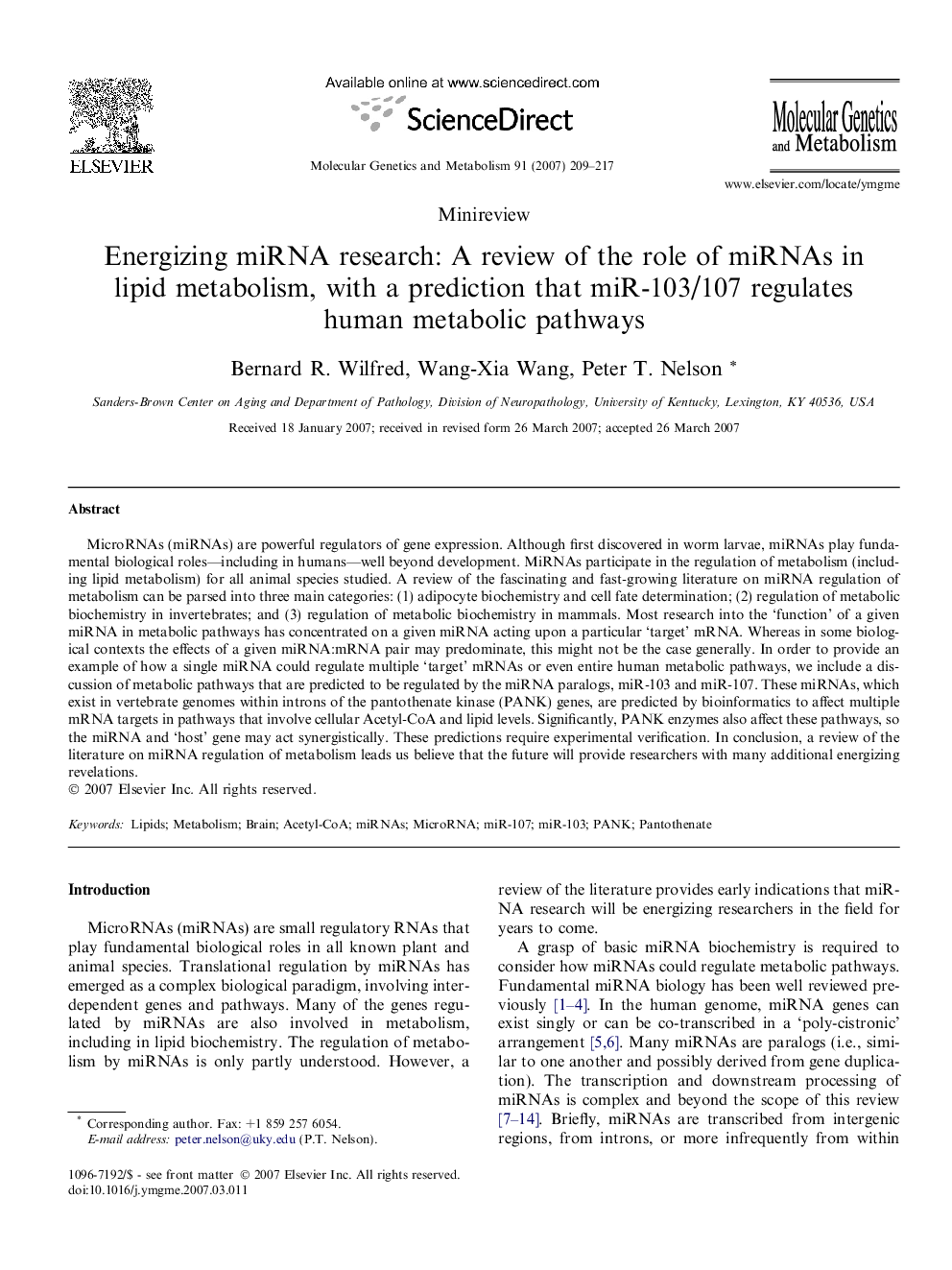 Energizing miRNA research: A review of the role of miRNAs in lipid metabolism, with a prediction that miR-103/107 regulates human metabolic pathways