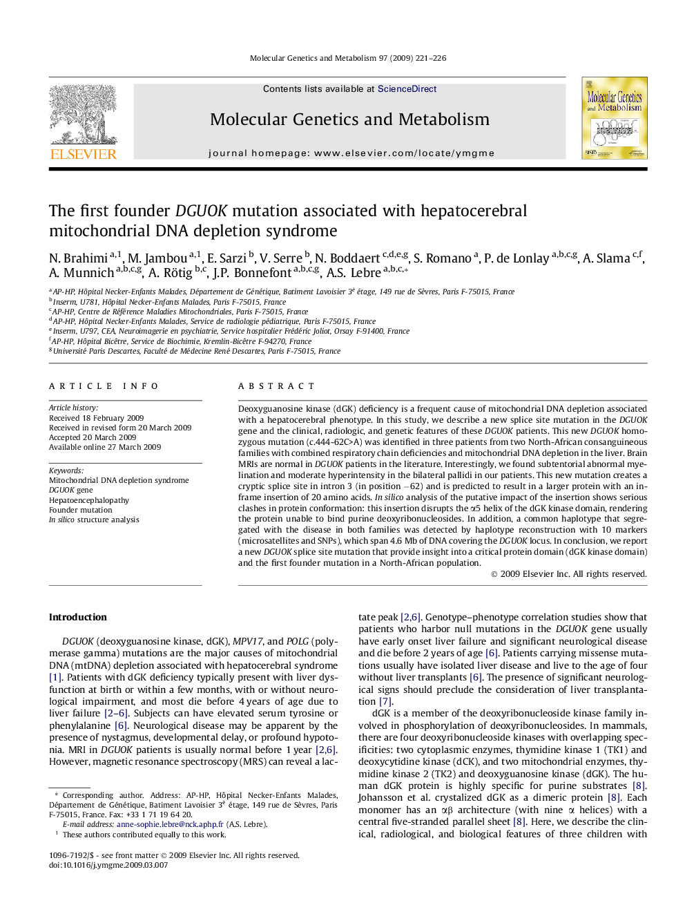 The first founder DGUOK mutation associated with hepatocerebral mitochondrial DNA depletion syndrome