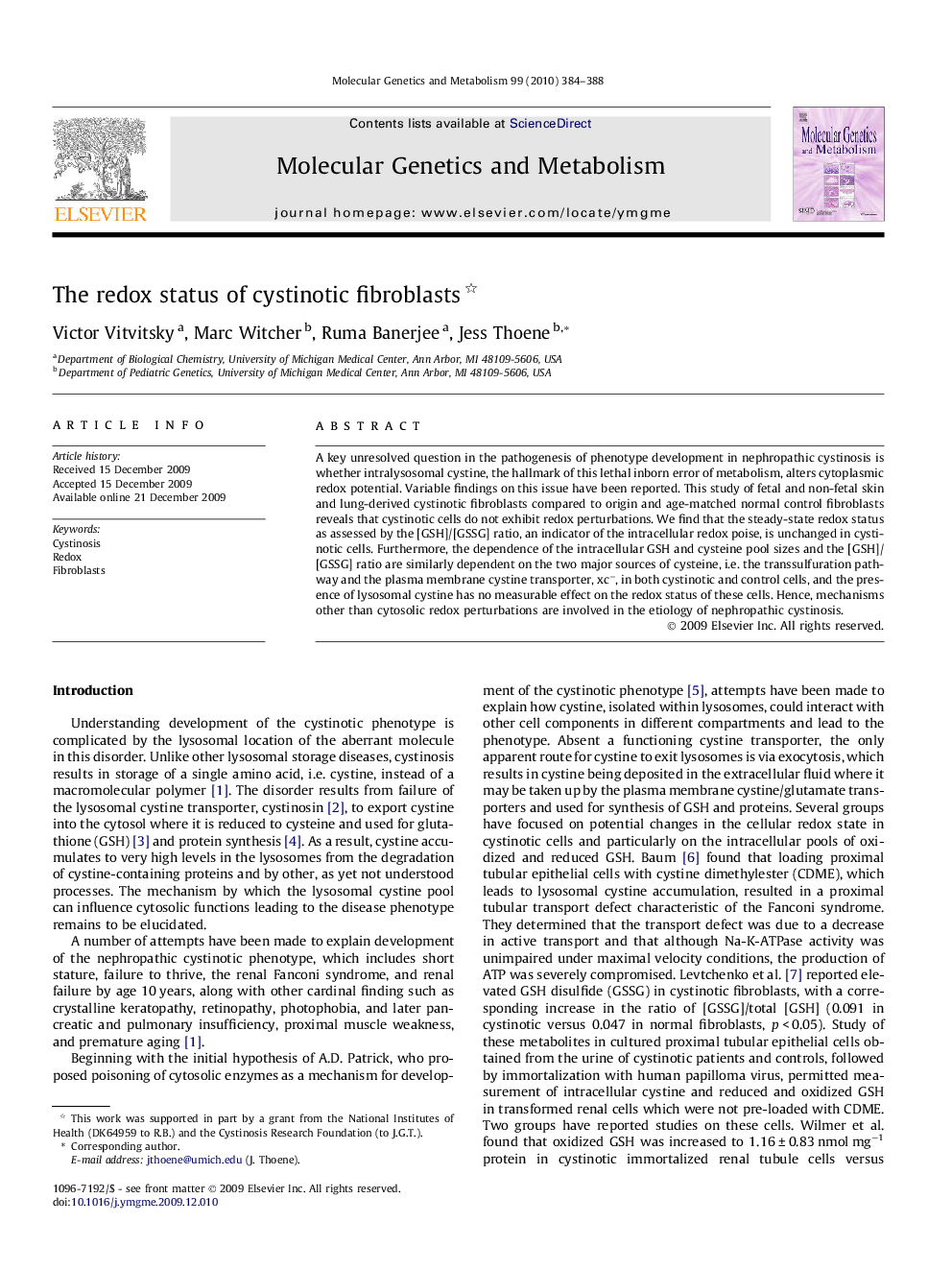 The redox status of cystinotic fibroblasts