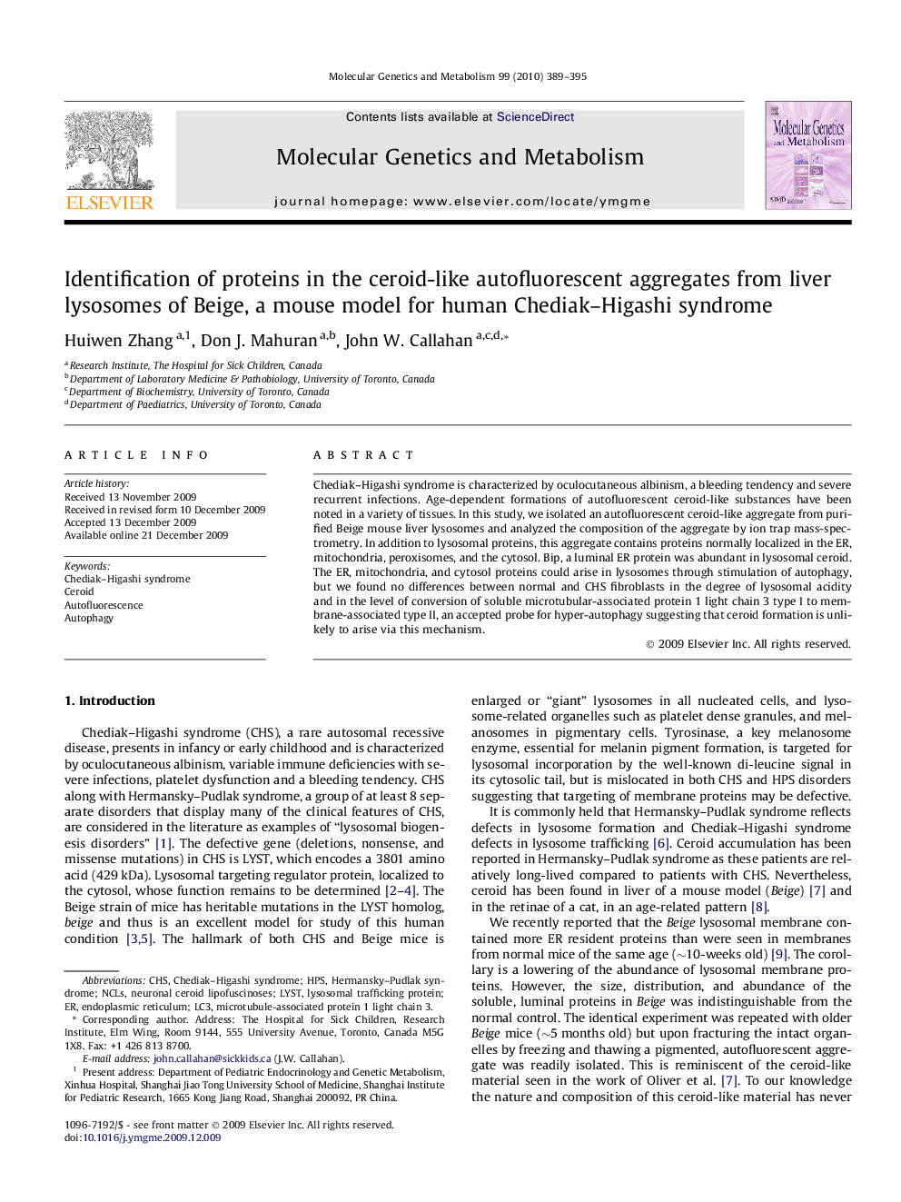 Identification of proteins in the ceroid-like autofluorescent aggregates from liver lysosomes of Beige, a mouse model for human Chediak–Higashi syndrome