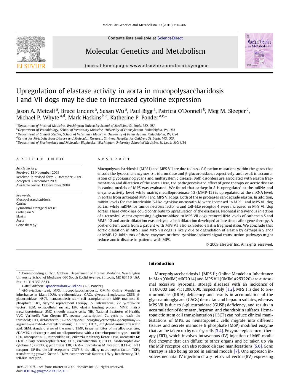 Upregulation of elastase activity in aorta in mucopolysaccharidosis I and VII dogs may be due to increased cytokine expression