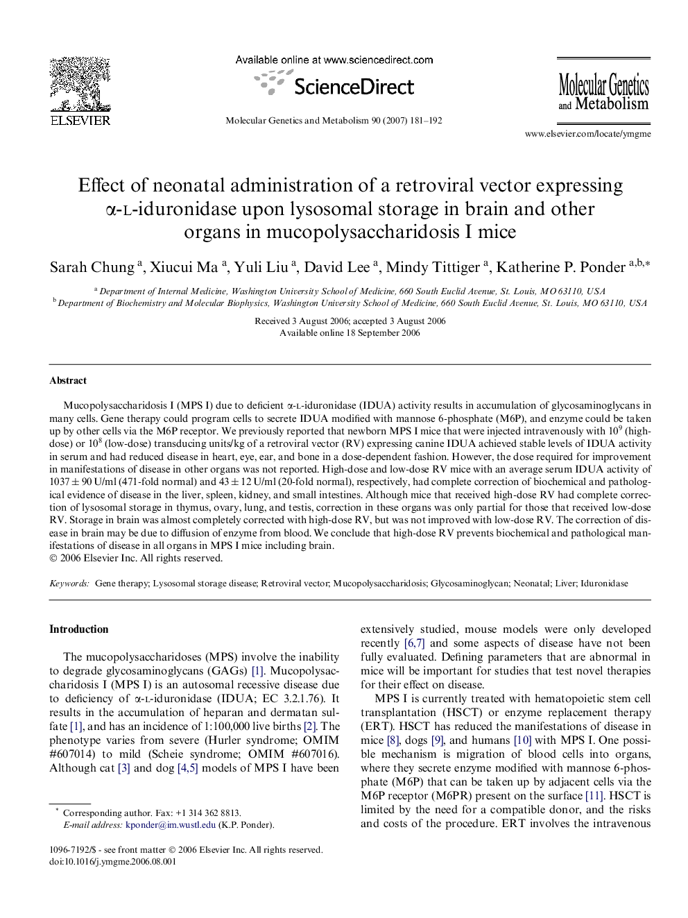 Effect of neonatal administration of a retroviral vector expressing α-l-iduronidase upon lysosomal storage in brain and other organs in mucopolysaccharidosis I mice