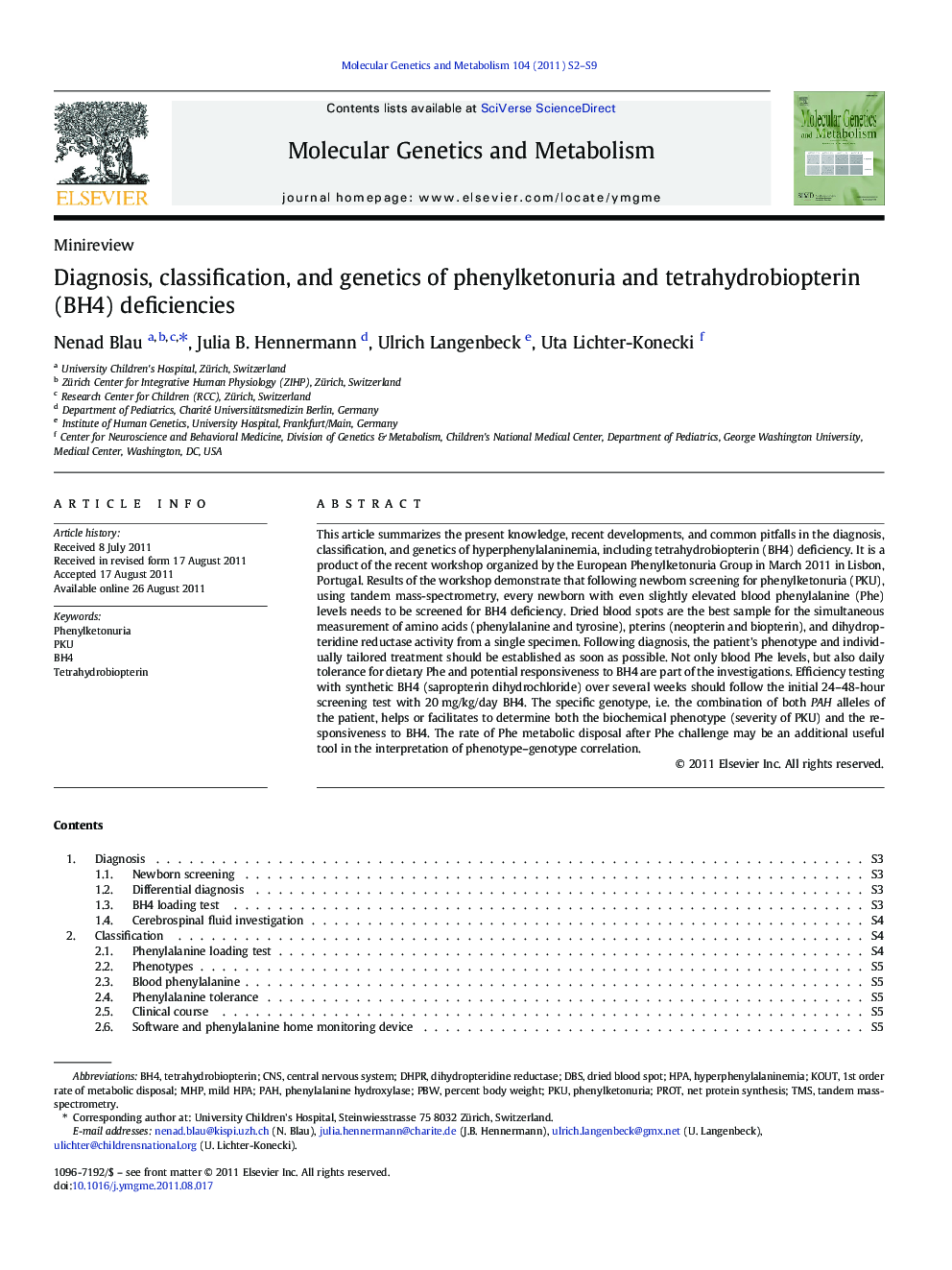 Diagnosis, classification, and genetics of phenylketonuria and tetrahydrobiopterin (BH4) deficiencies