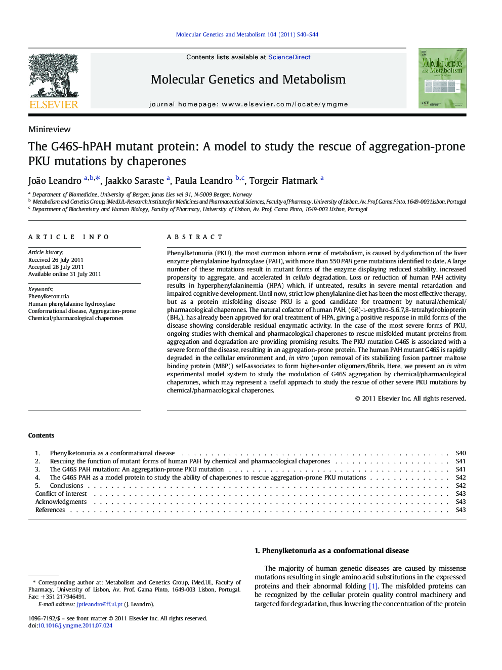 The G46S-hPAH mutant protein: A model to study the rescue of aggregation-prone PKU mutations by chaperones