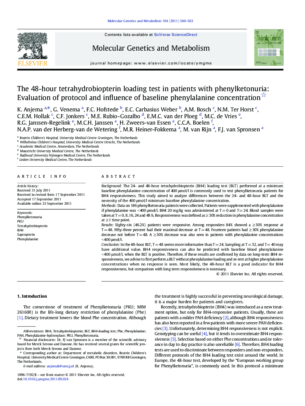 The 48-hour tetrahydrobiopterin loading test in patients with phenylketonuria: Evaluation of protocol and influence of baseline phenylalanine concentration 