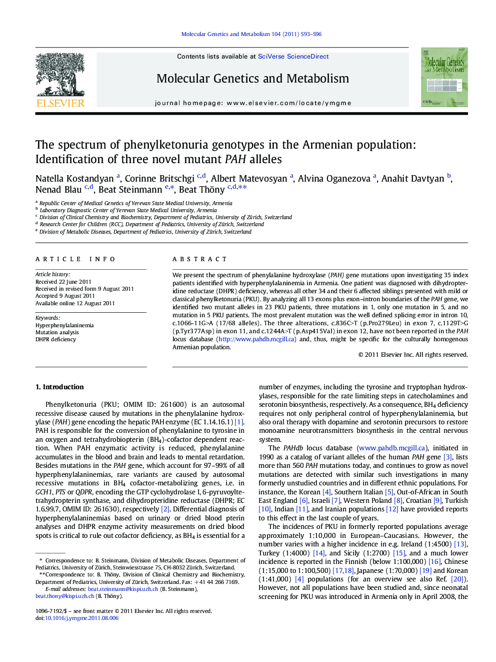 The spectrum of phenylketonuria genotypes in the Armenian population: Identification of three novel mutant PAH alleles