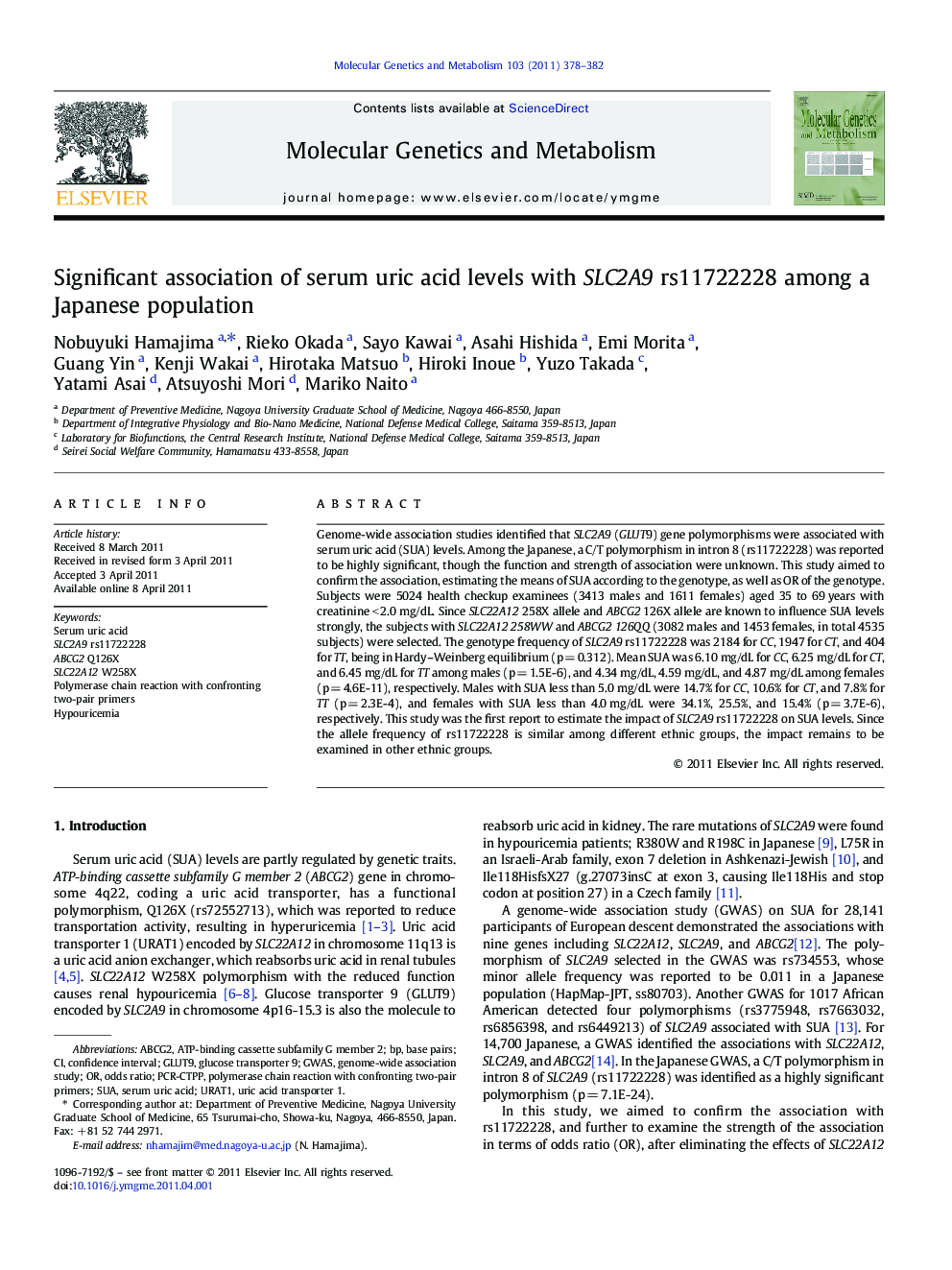 Significant association of serum uric acid levels with SLC2A9 rs11722228 among a Japanese population