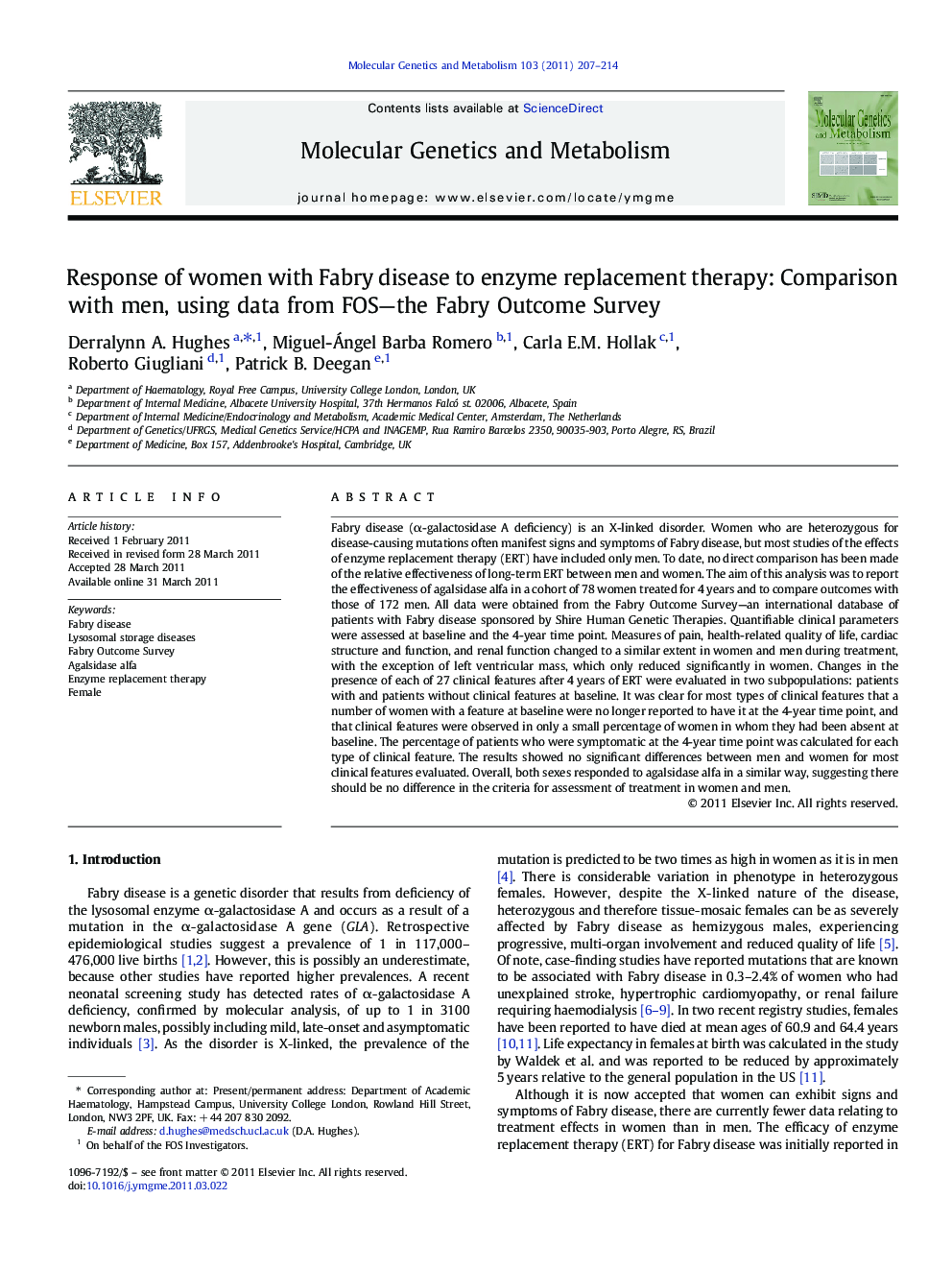 Response of women with Fabry disease to enzyme replacement therapy: Comparison with men, using data from FOS—the Fabry Outcome Survey