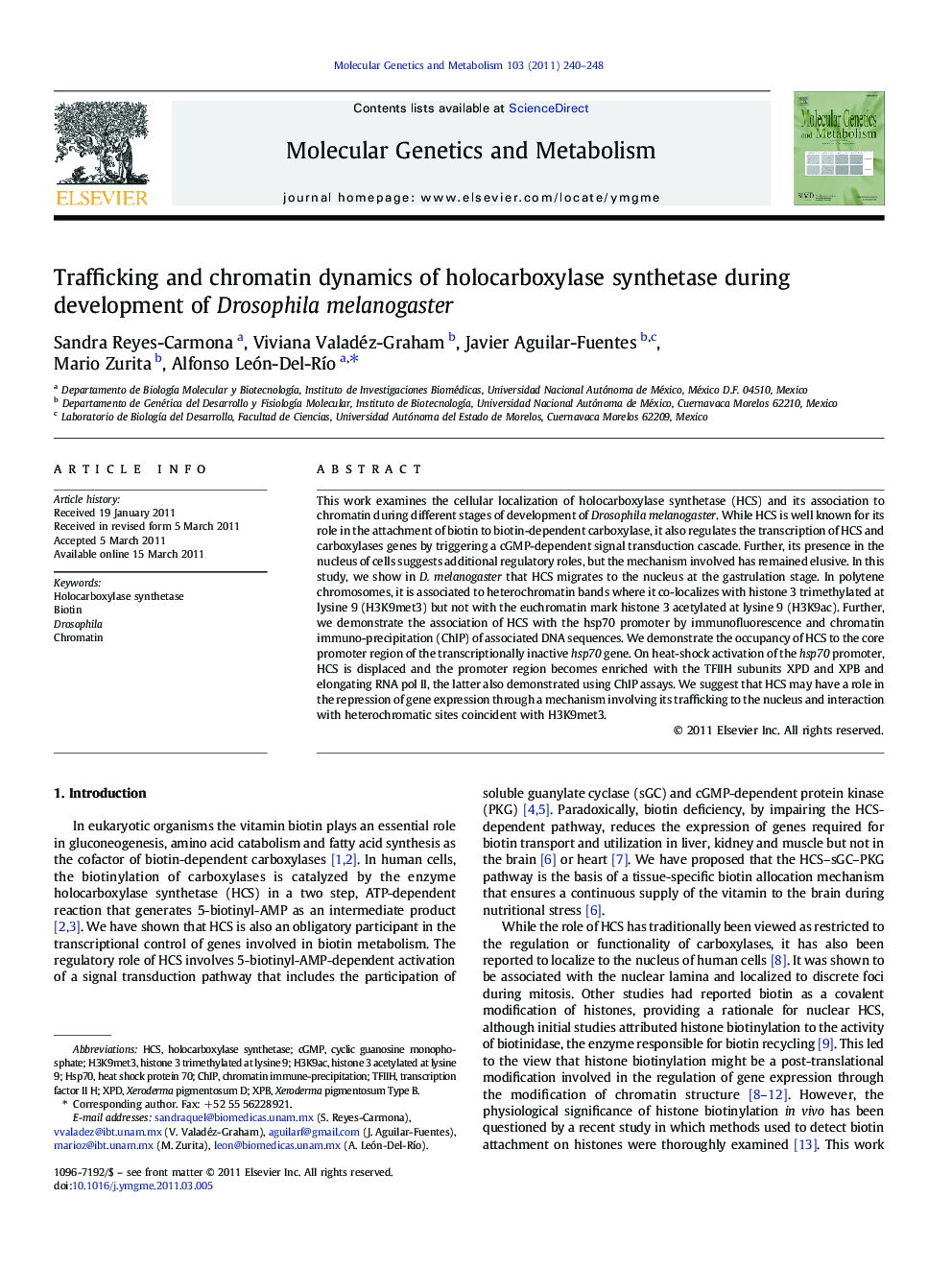 Trafficking and chromatin dynamics of holocarboxylase synthetase during development of Drosophila melanogaster
