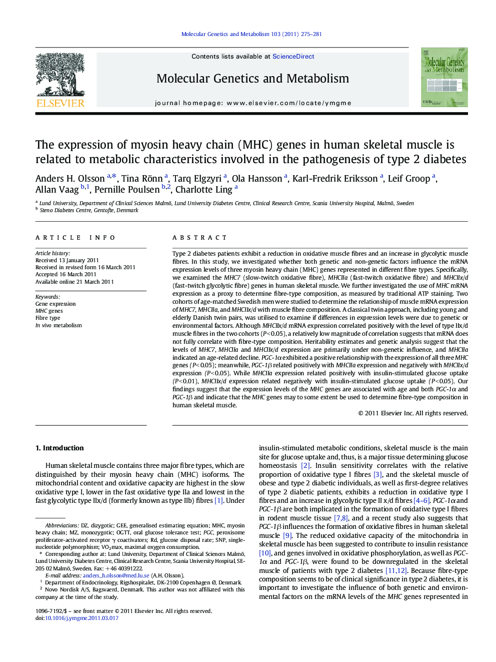 The expression of myosin heavy chain (MHC) genes in human skeletal muscle is related to metabolic characteristics involved in the pathogenesis of type 2 diabetes