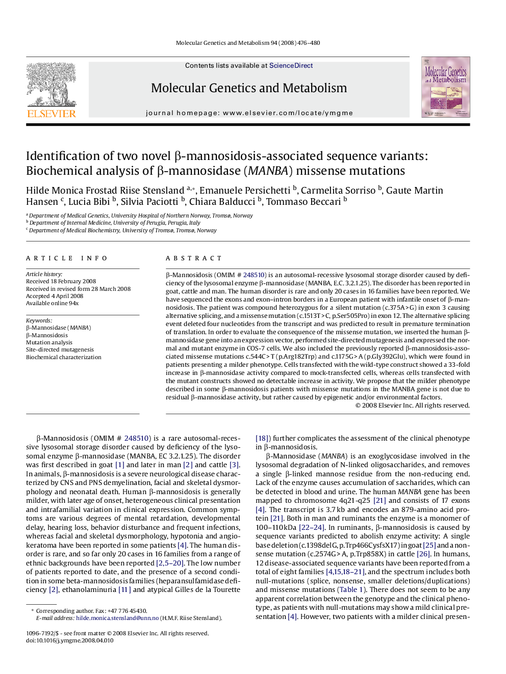 Identification of two novel Î²-mannosidosis-associated sequence variants: Biochemical analysis of Î²-mannosidase (MANBA) missense mutations