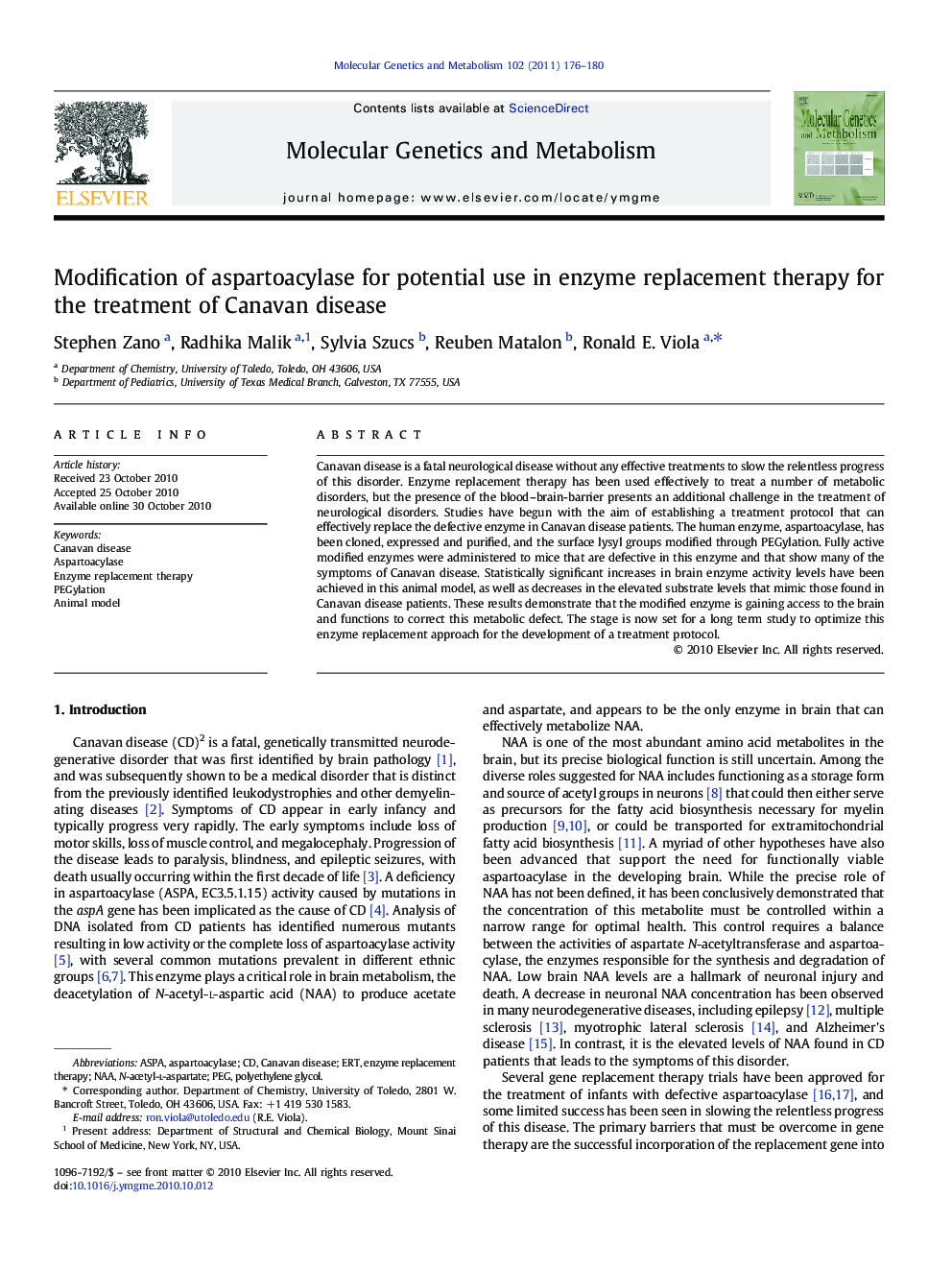 Modification of aspartoacylase for potential use in enzyme replacement therapy for the treatment of Canavan disease