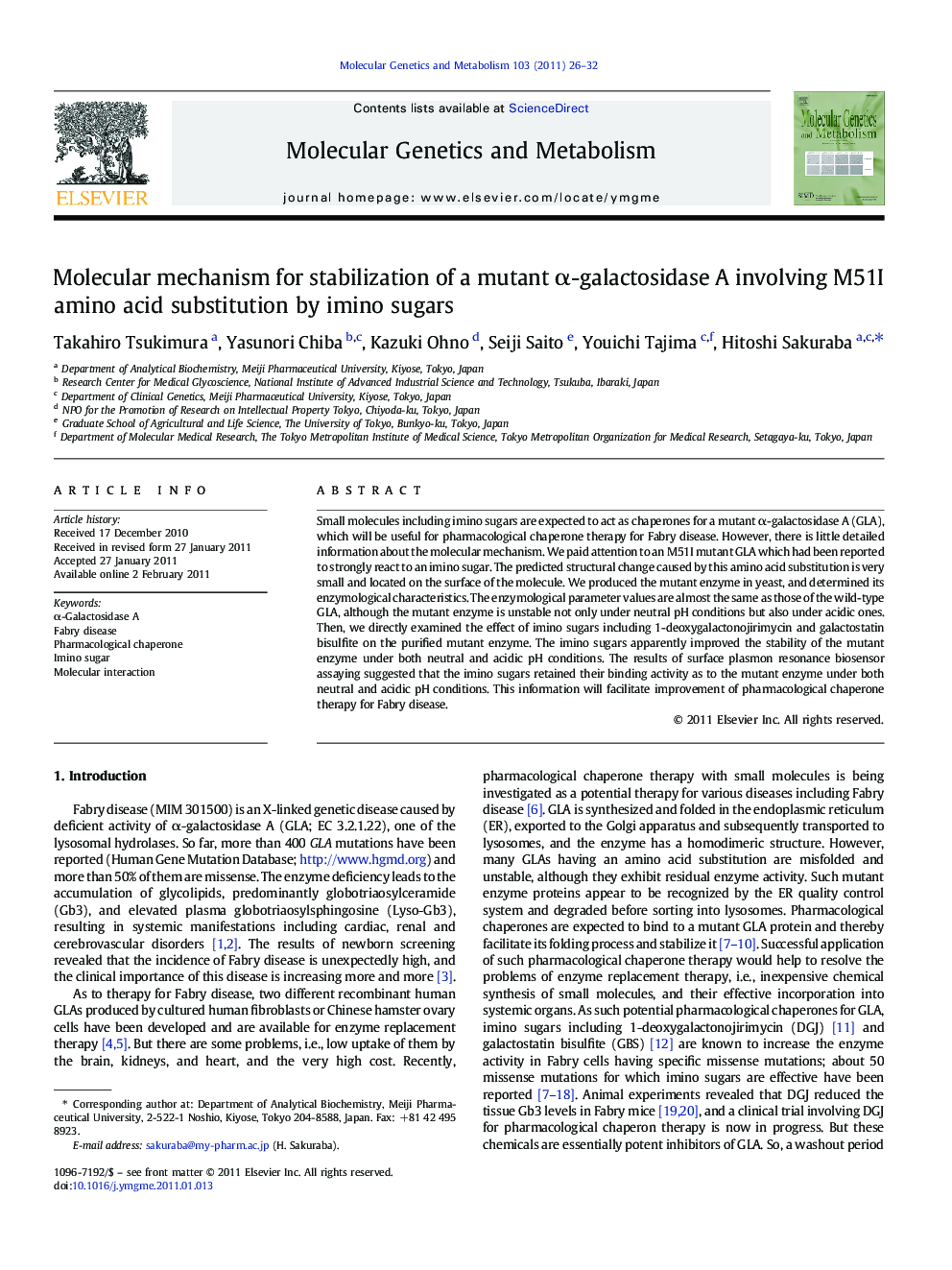 Molecular mechanism for stabilization of a mutant α-galactosidase A involving M51I amino acid substitution by imino sugars