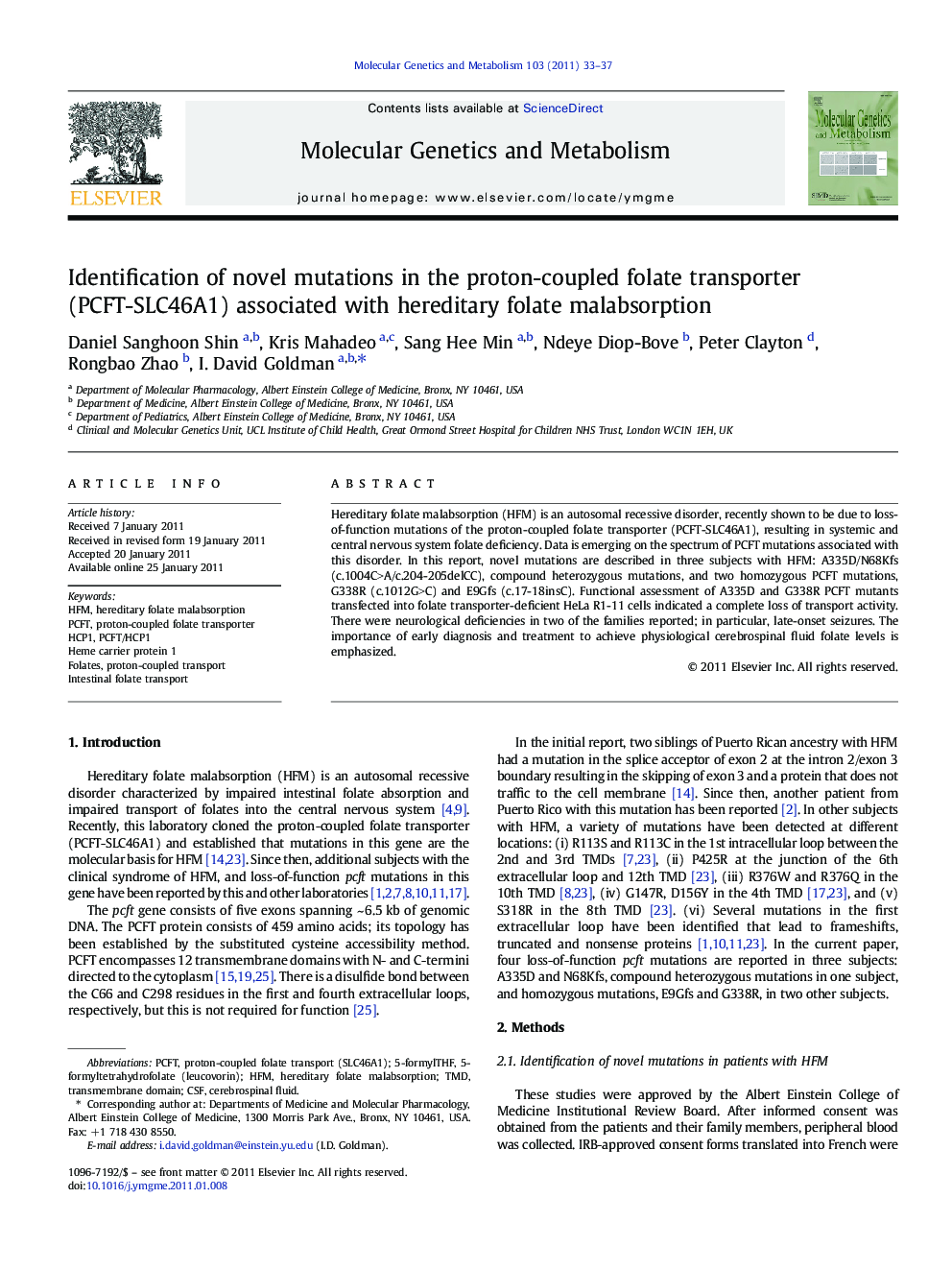 Identification of novel mutations in the proton-coupled folate transporter (PCFT-SLC46A1) associated with hereditary folate malabsorption