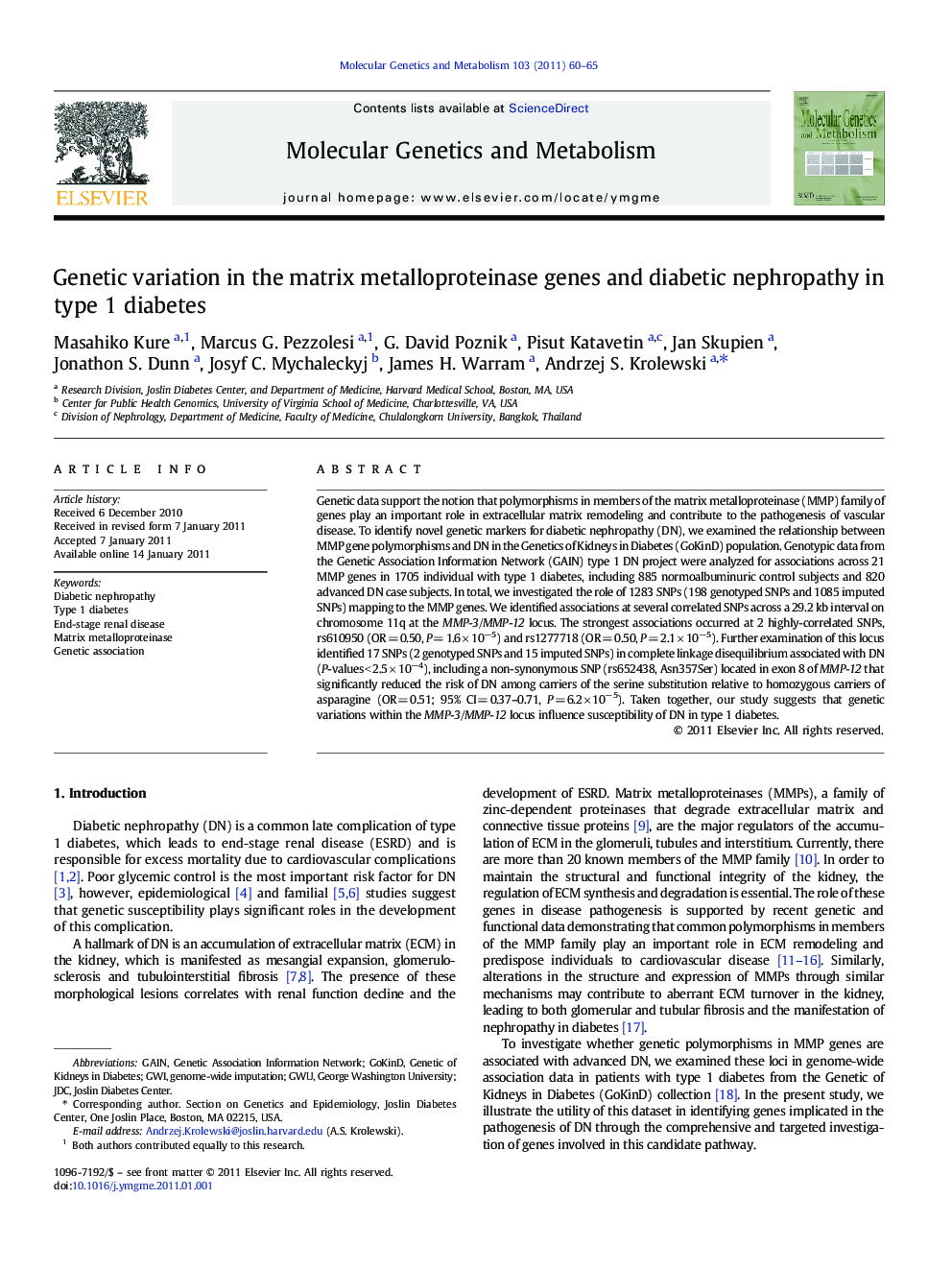 Genetic variation in the matrix metalloproteinase genes and diabetic nephropathy in type 1 diabetes