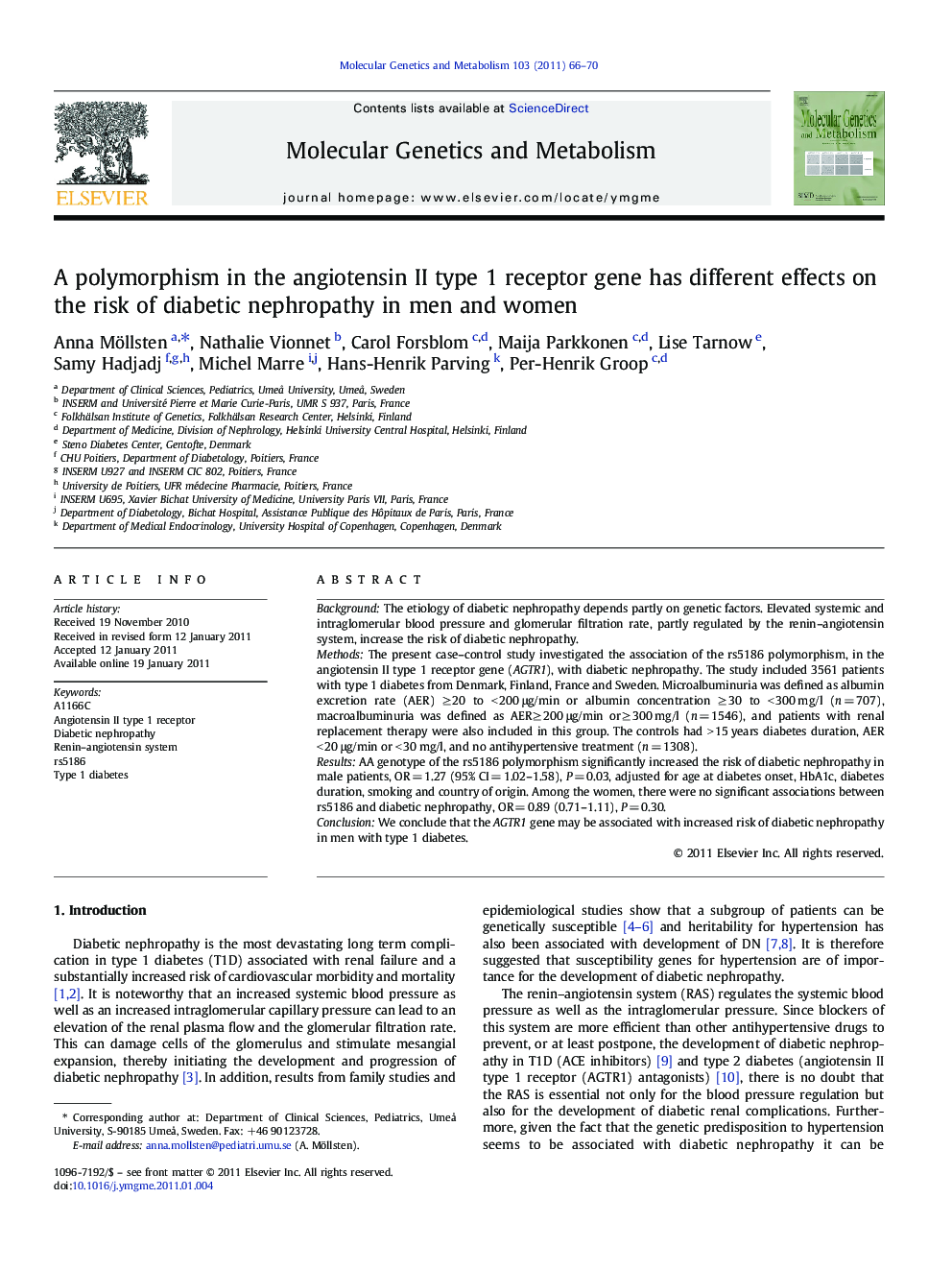 A polymorphism in the angiotensin II type 1 receptor gene has different effects on the risk of diabetic nephropathy in men and women