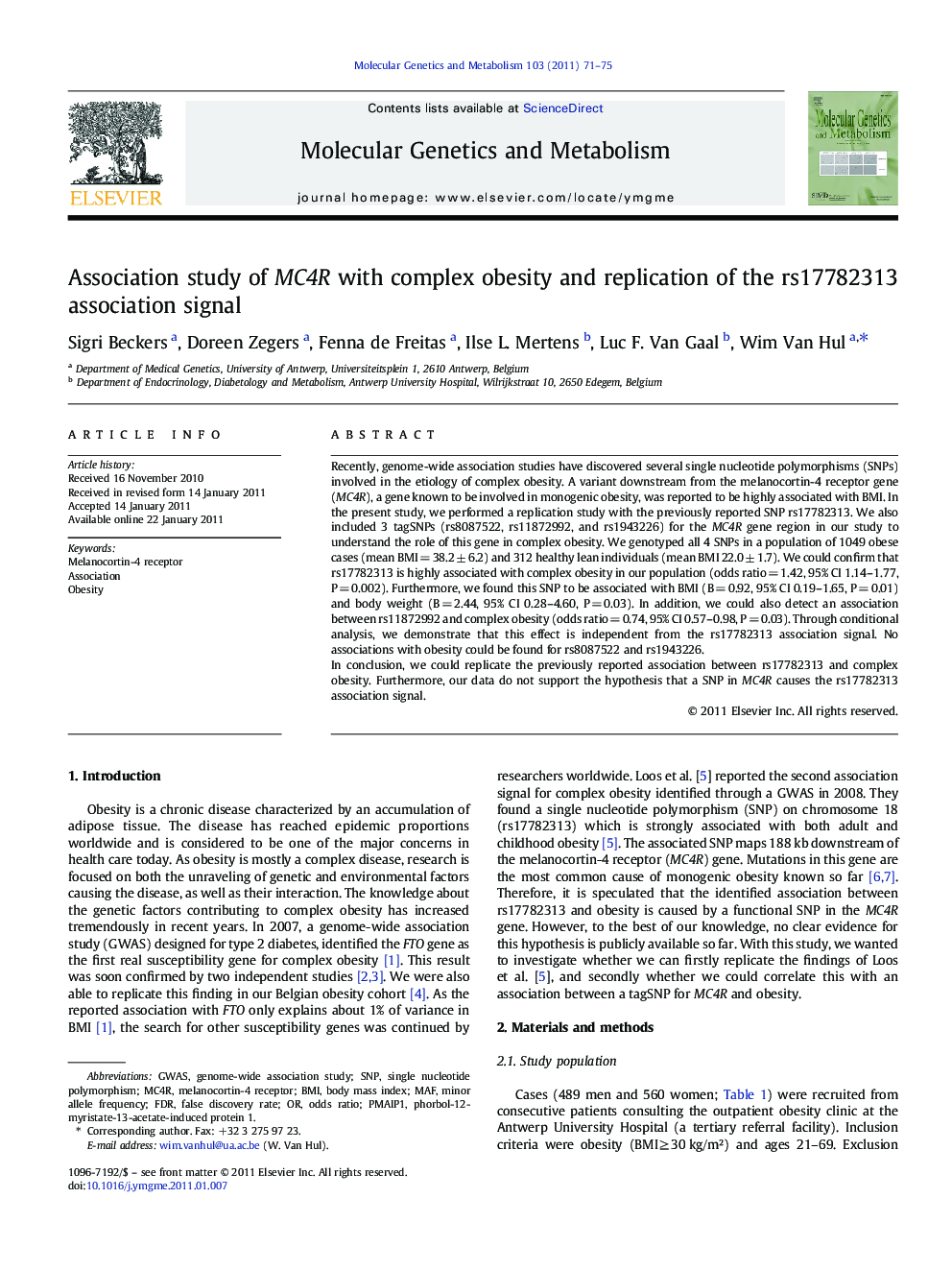 Association study of MC4R with complex obesity and replication of the rs17782313 association signal