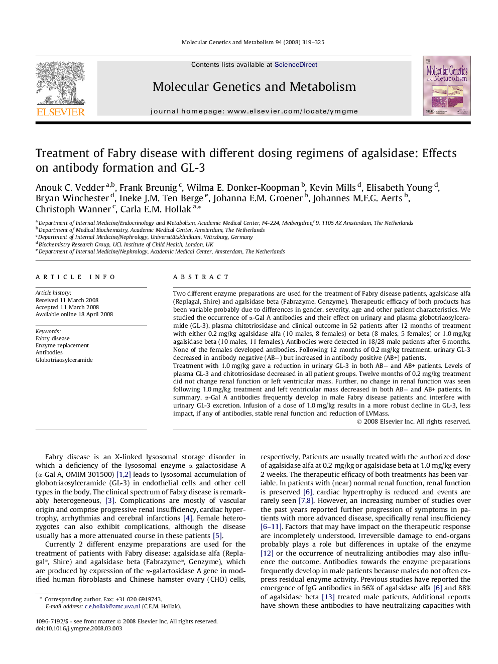 Treatment of Fabry disease with different dosing regimens of agalsidase: Effects on antibody formation and GL-3