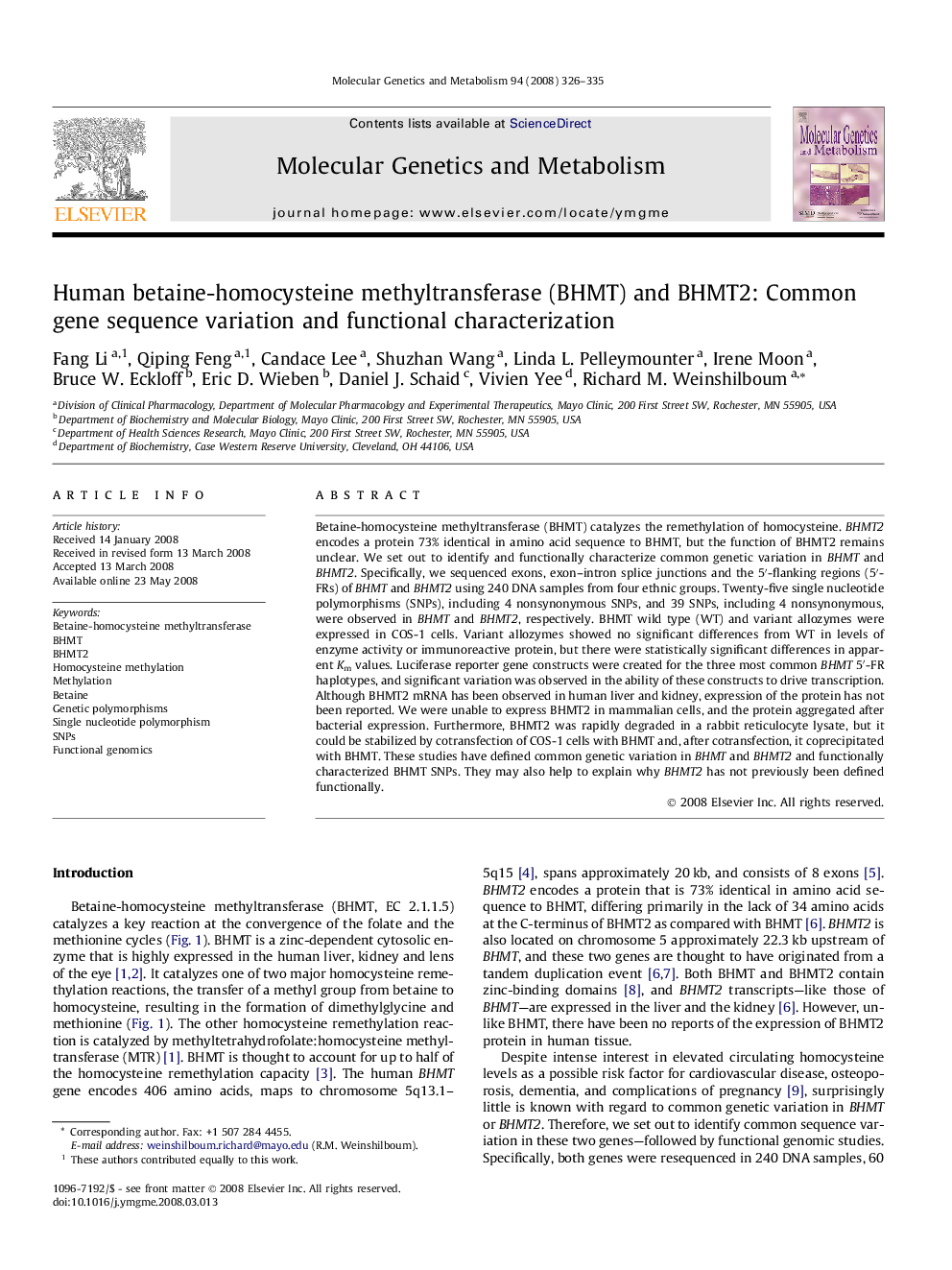 Human betaine-homocysteine methyltransferase (BHMT) and BHMT2: Common gene sequence variation and functional characterization