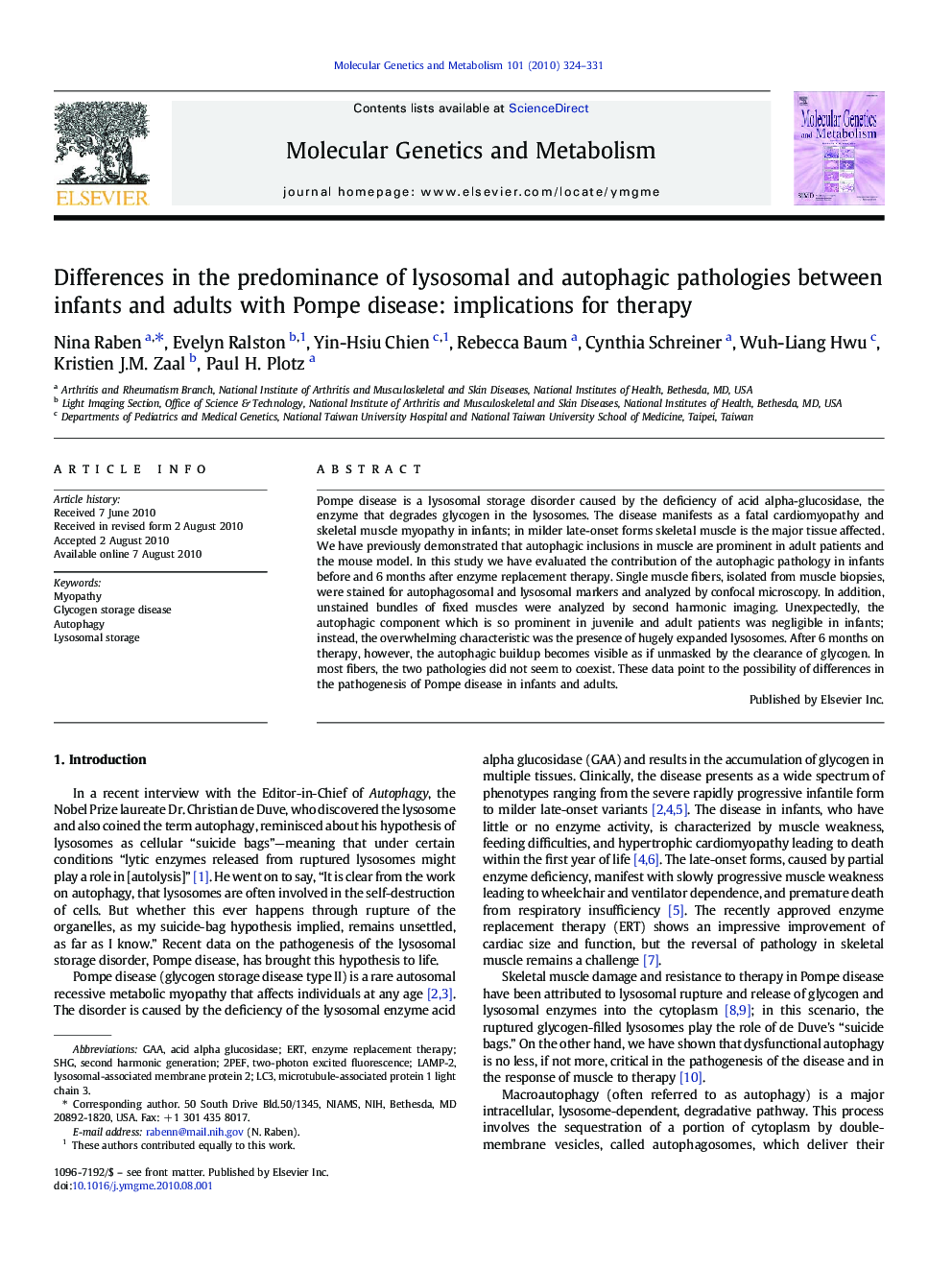 Differences in the predominance of lysosomal and autophagic pathologies between infants and adults with Pompe disease: implications for therapy