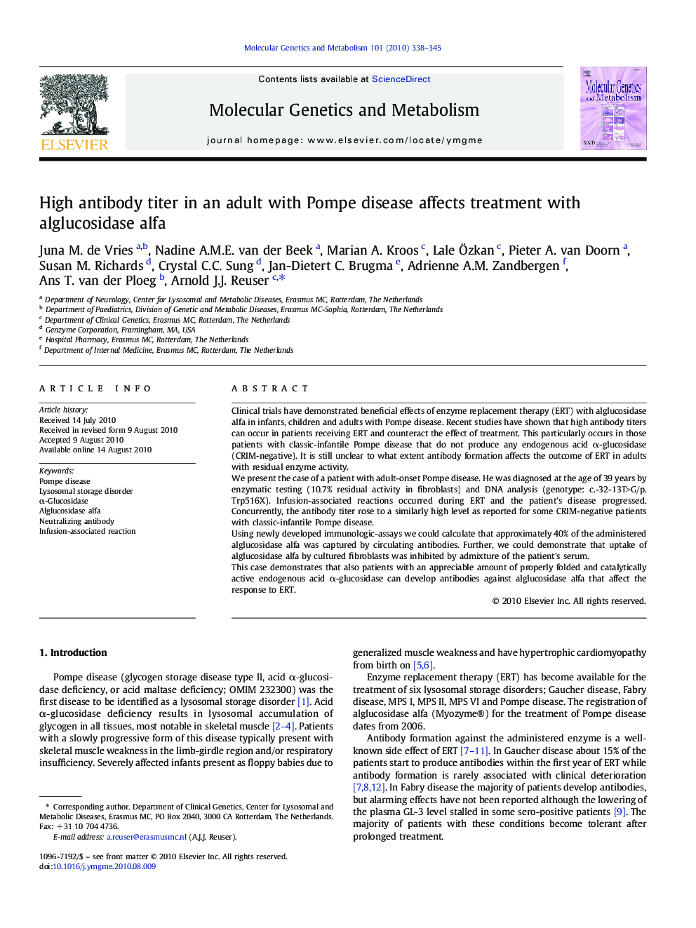 High antibody titer in an adult with Pompe disease affects treatment with alglucosidase alfa