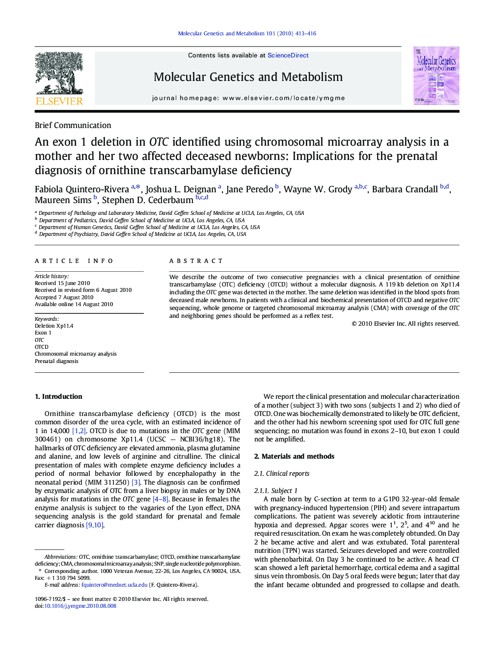 An exon 1 deletion in OTC identified using chromosomal microarray analysis in a mother and her two affected deceased newborns: Implications for the prenatal diagnosis of ornithine transcarbamylase deficiency