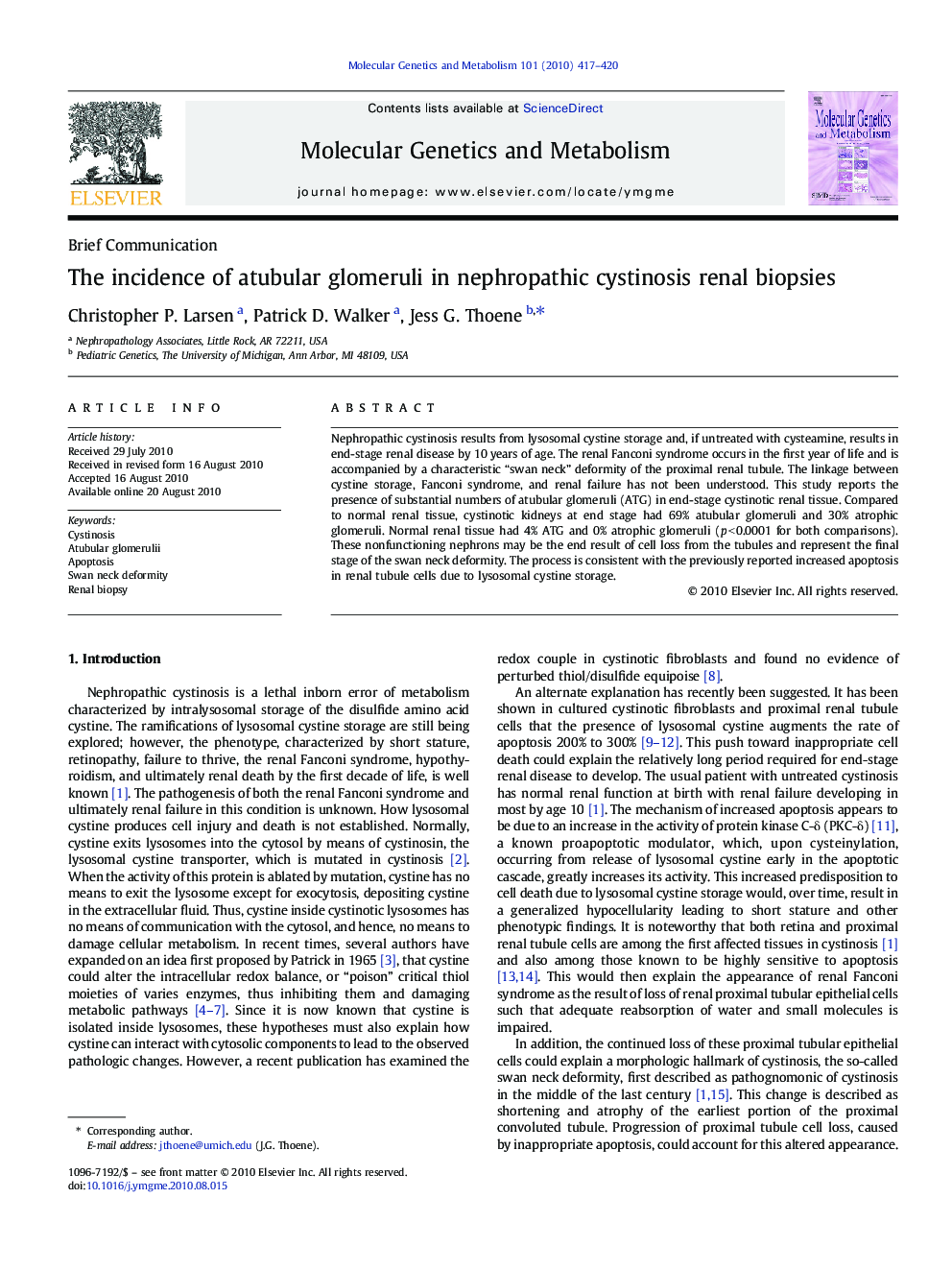 The incidence of atubular glomeruli in nephropathic cystinosis renal biopsies