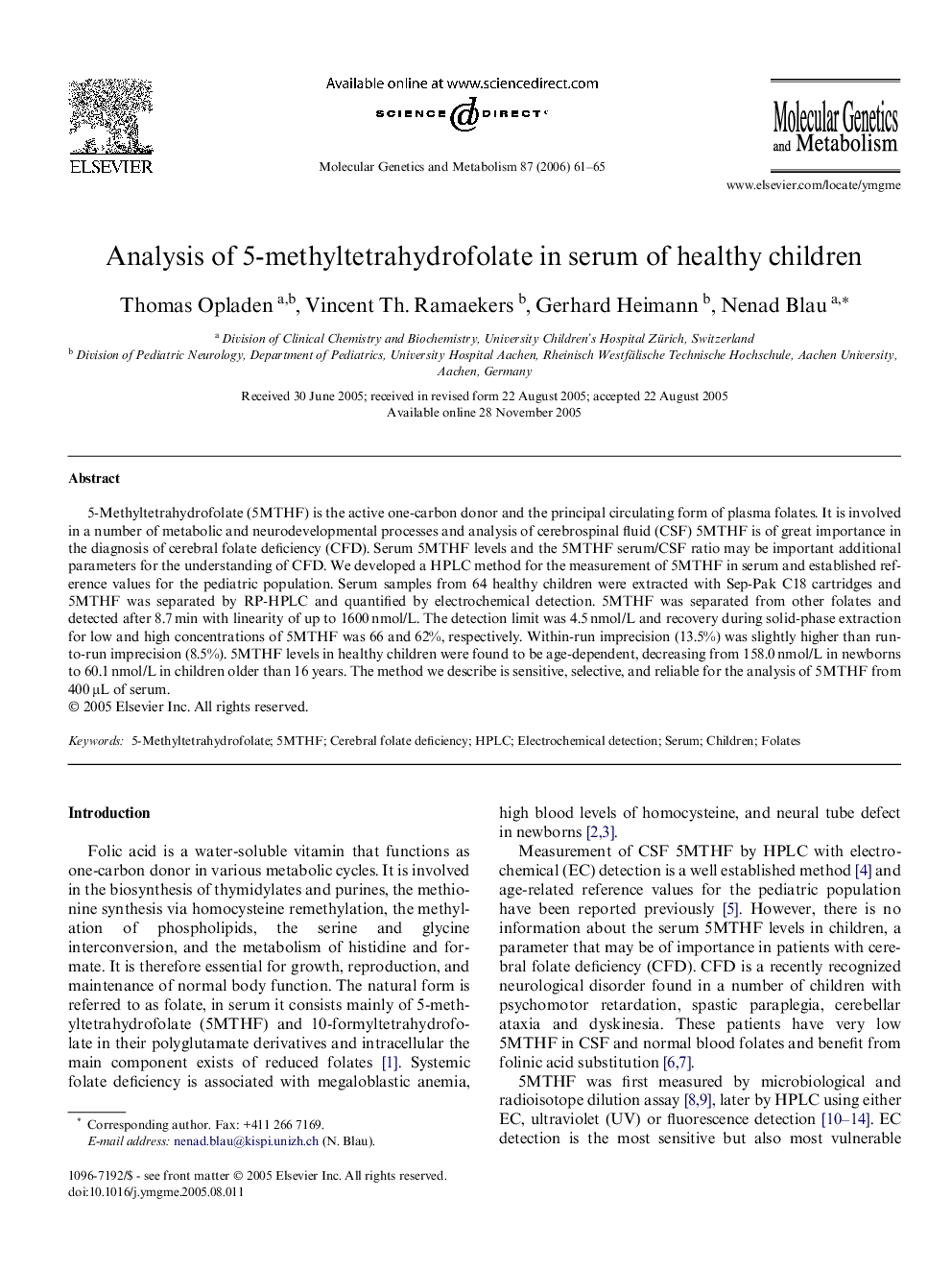 Analysis of 5-methyltetrahydrofolate in serum of healthy children