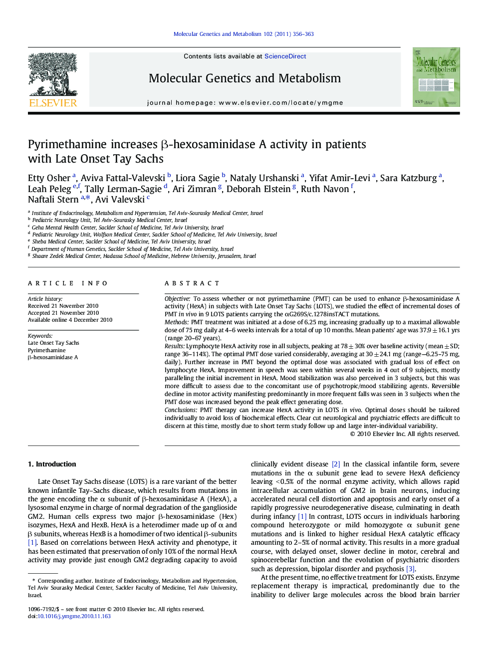 Pyrimethamine increases β-hexosaminidase A activity in patients with Late Onset Tay Sachs