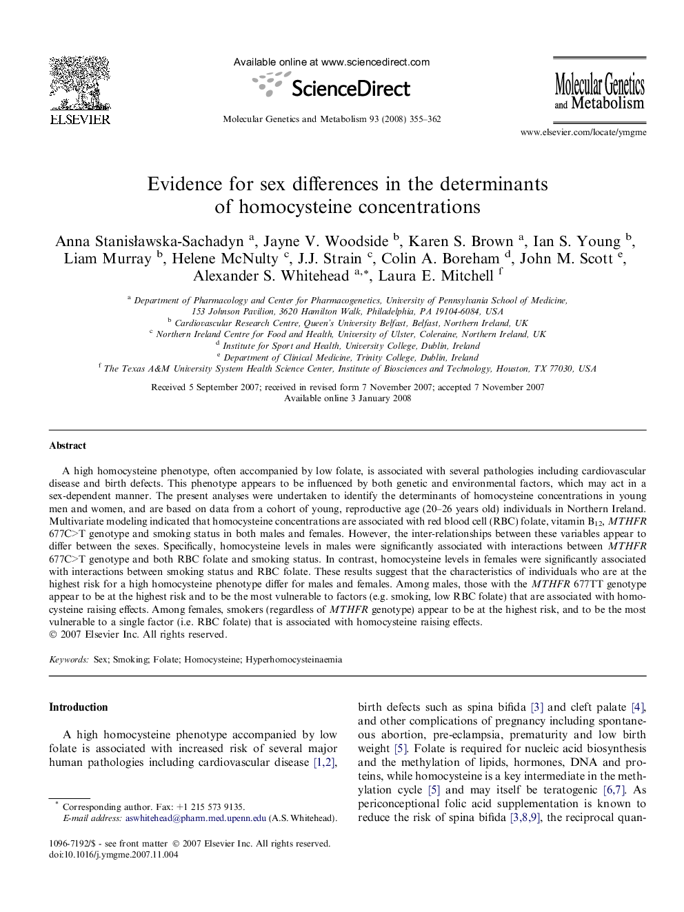 Evidence for sex differences in the determinants of homocysteine concentrations