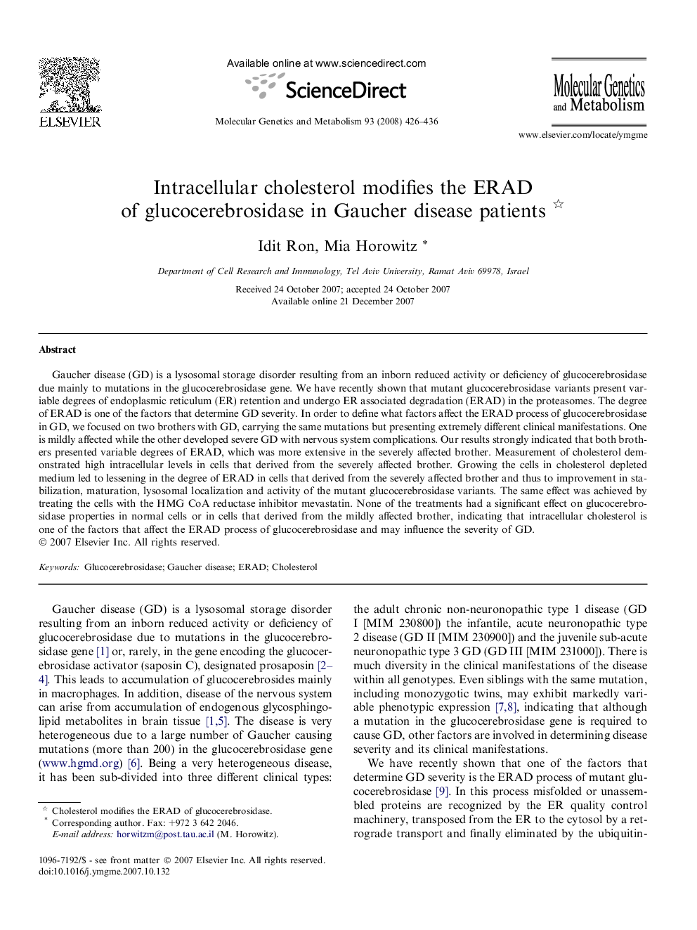 Intracellular cholesterol modifies the ERAD of glucocerebrosidase in Gaucher disease patients 