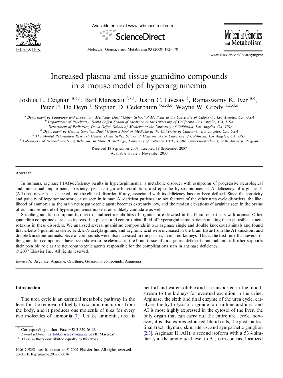 Increased plasma and tissue guanidino compounds in a mouse model of hyperargininemia