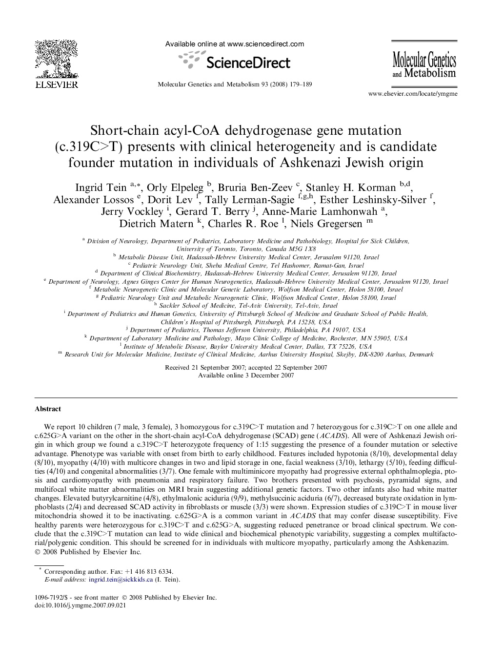 Short-chain acyl-CoA dehydrogenase gene mutation (c.319C>T) presents with clinical heterogeneity and is candidate founder mutation in individuals of Ashkenazi Jewish origin