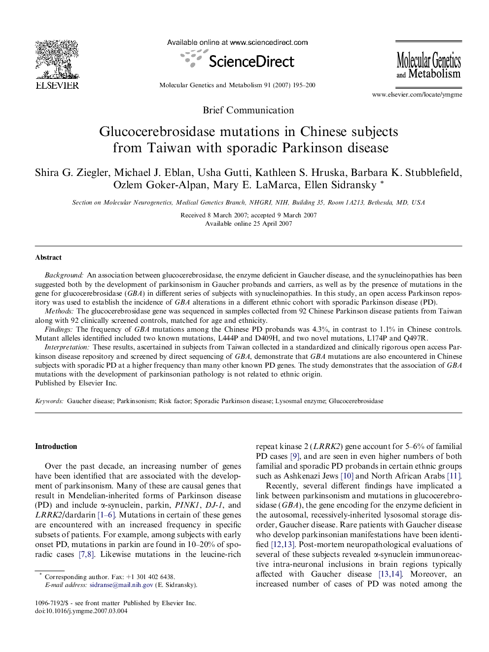 Glucocerebrosidase mutations in Chinese subjects from Taiwan with sporadic Parkinson disease