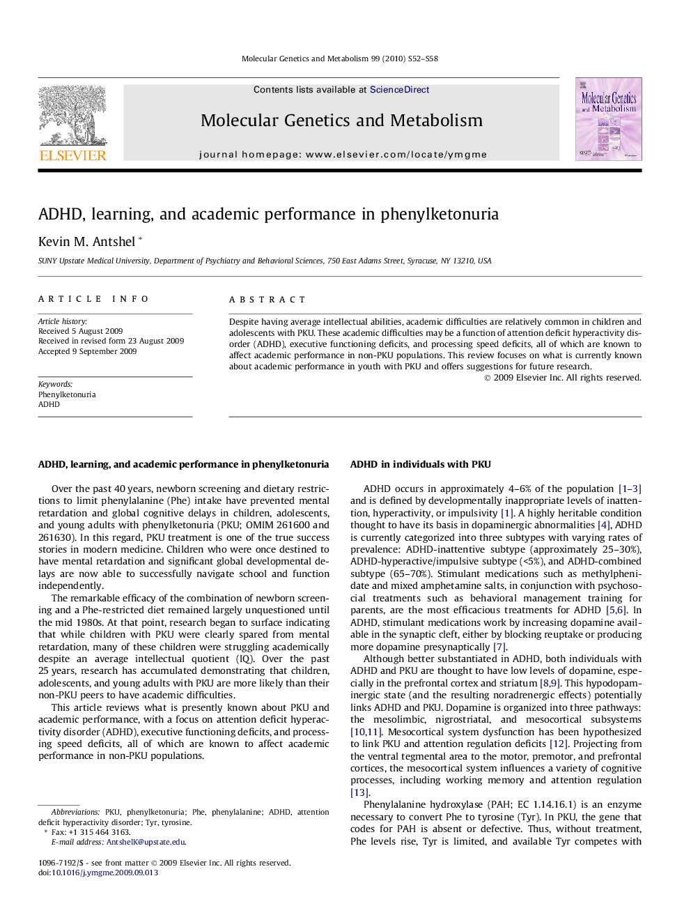 ADHD, learning, and academic performance in phenylketonuria