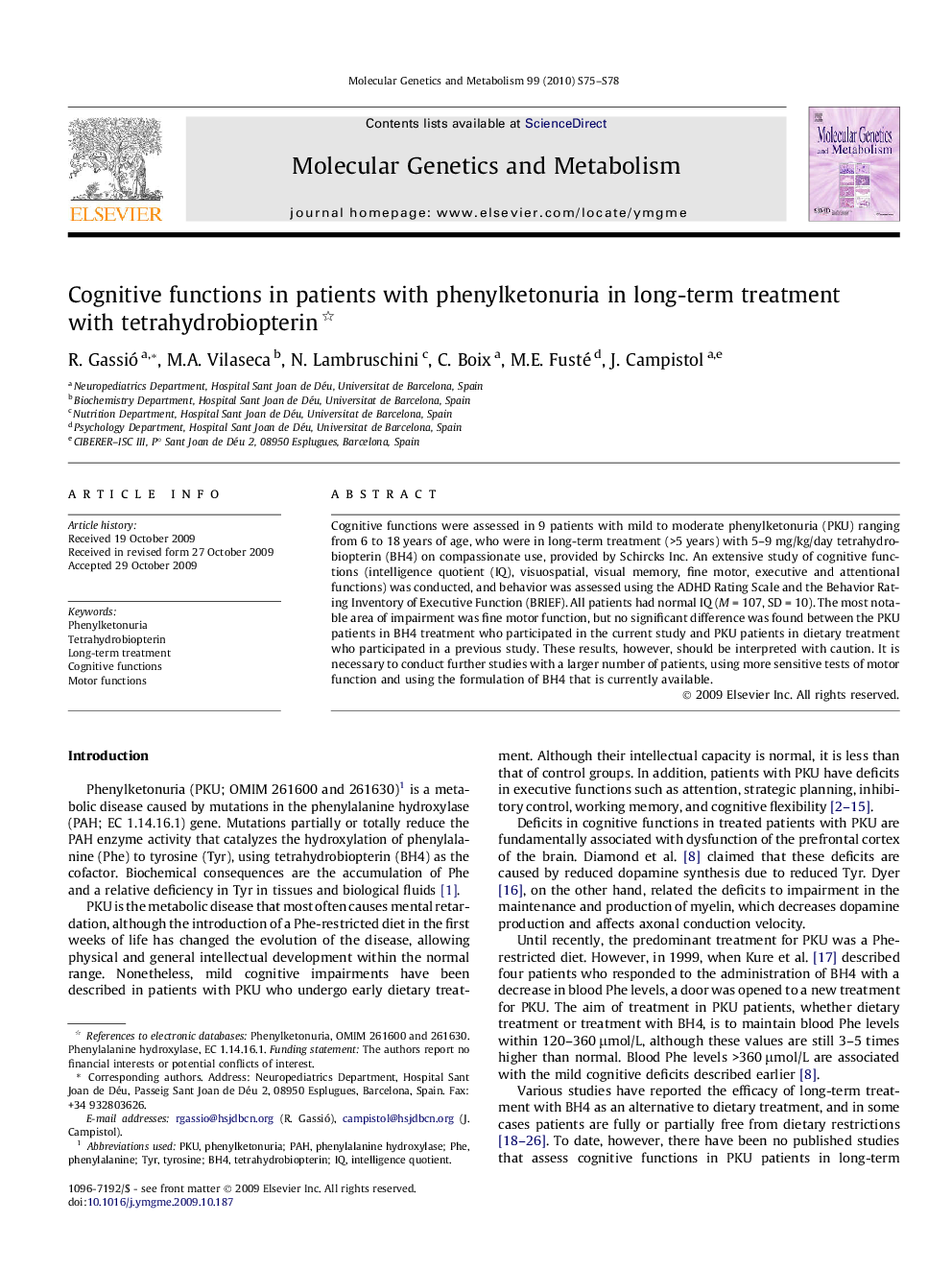 Cognitive functions in patients with phenylketonuria in long-term treatment with tetrahydrobiopterin 