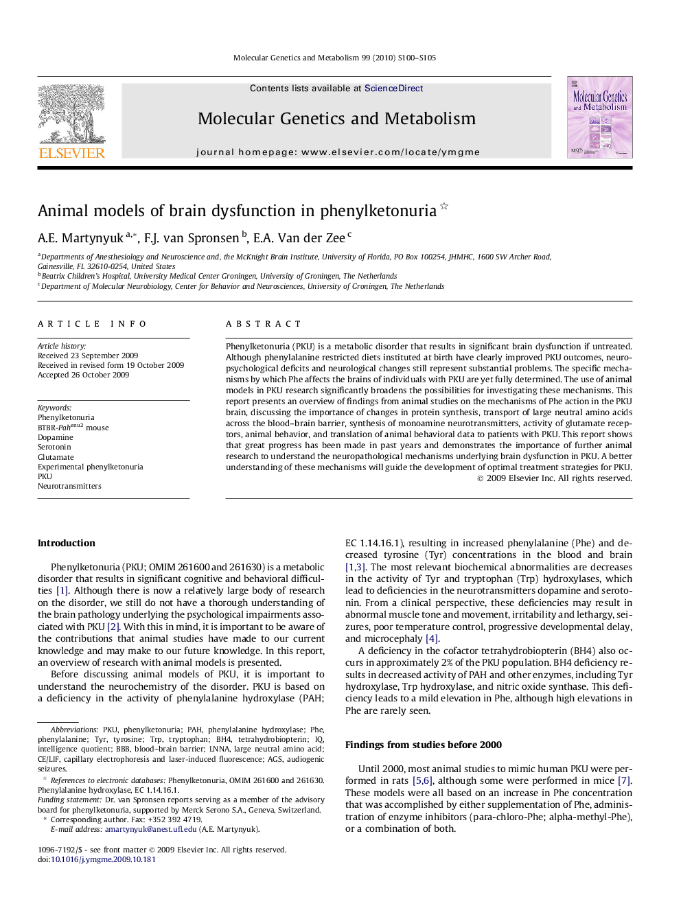 Animal models of brain dysfunction in phenylketonuria 