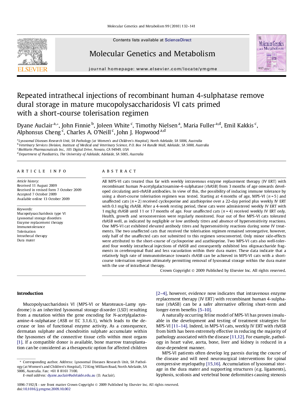 Repeated intrathecal injections of recombinant human 4-sulphatase remove dural storage in mature mucopolysaccharidosis VI cats primed with a short-course tolerisation regimen