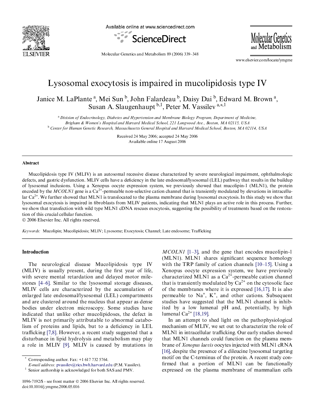 Lysosomal exocytosis is impaired in mucolipidosis type IV