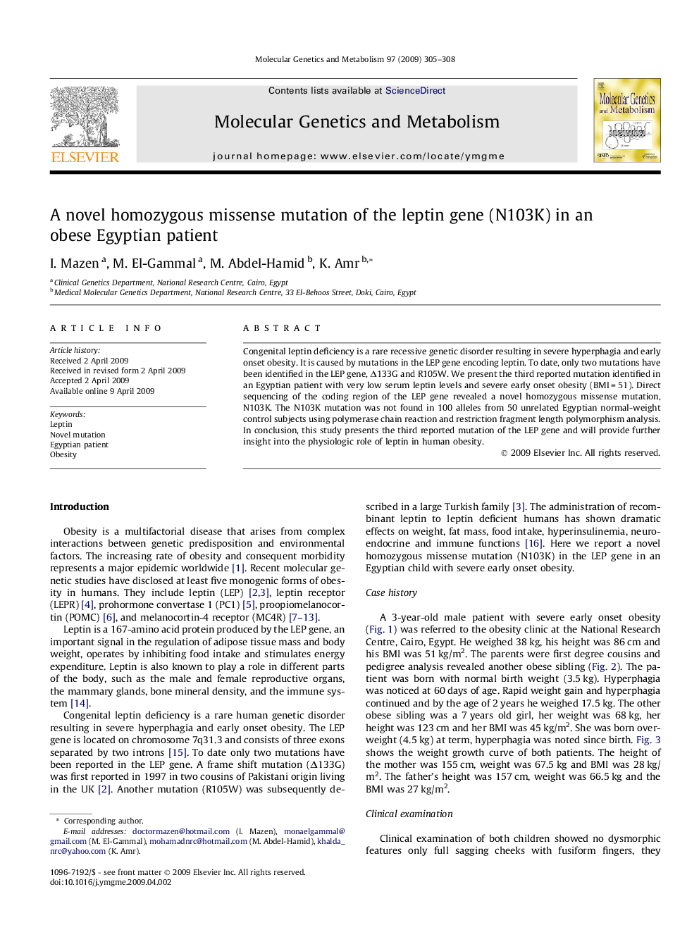 A novel homozygous missense mutation of the leptin gene (N103K) in an obese Egyptian patient