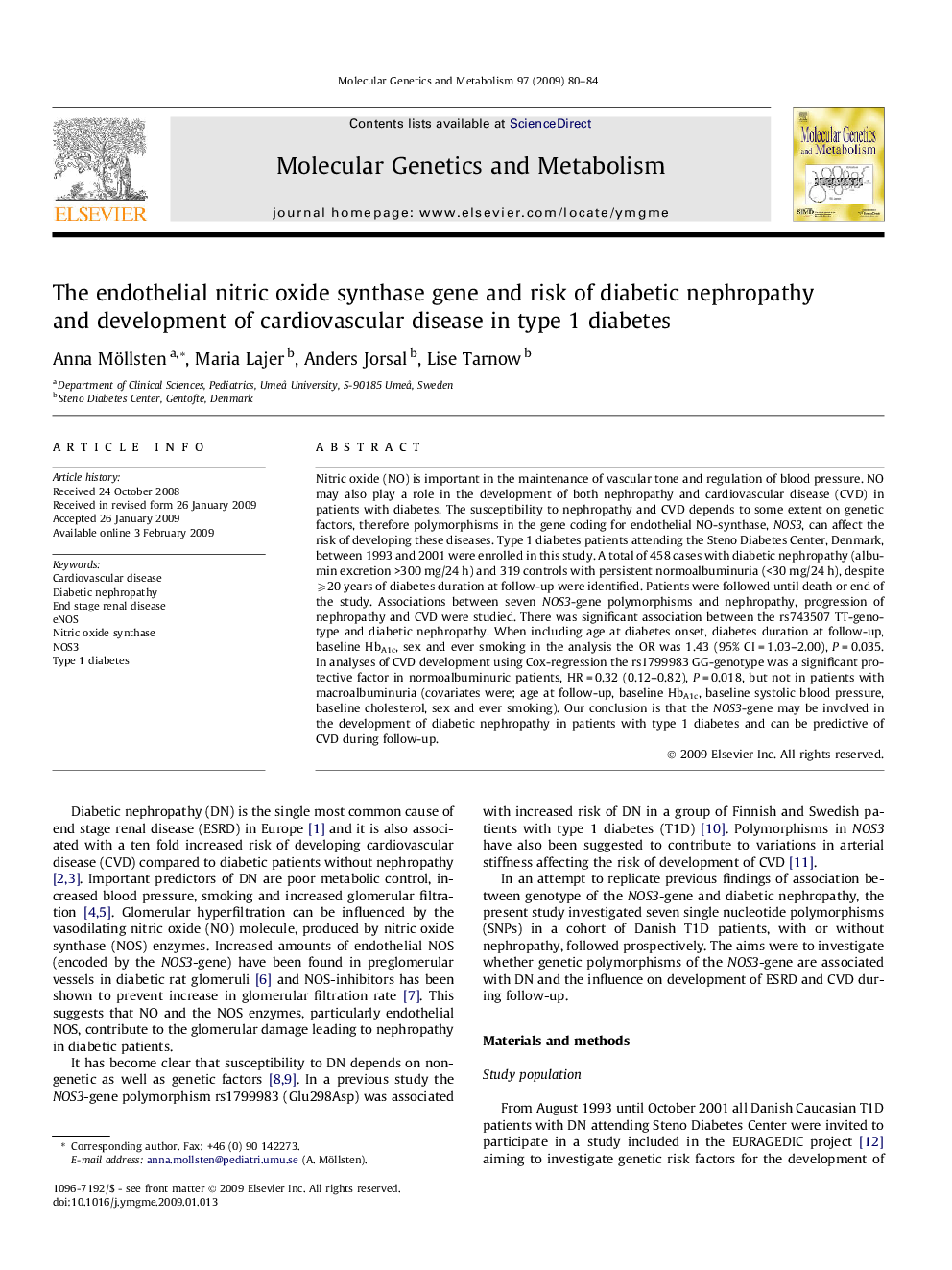 The endothelial nitric oxide synthase gene and risk of diabetic nephropathy and development of cardiovascular disease in type 1 diabetes